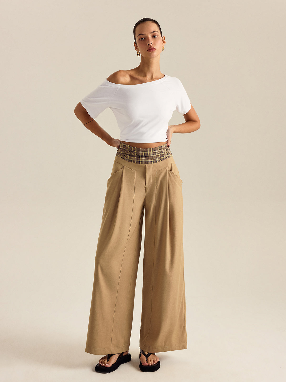 Pocketed Gingham Wide-Leg Pants-Chicvia