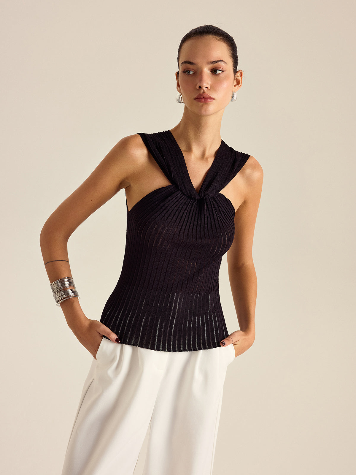 Pleated Knit Twist-Front Top-Chicvia