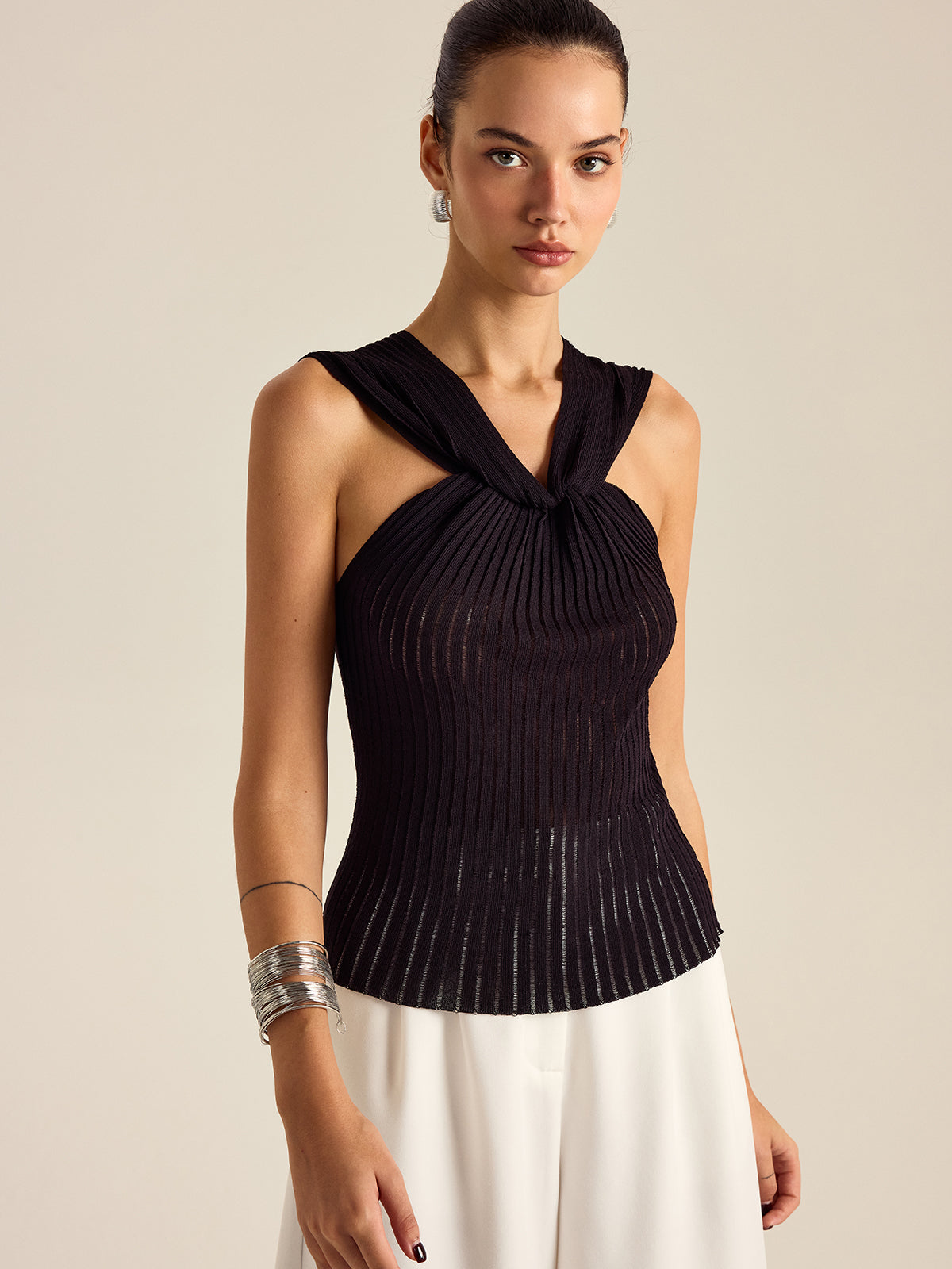 Pleated Knit Twist-Front Top-Chicvia