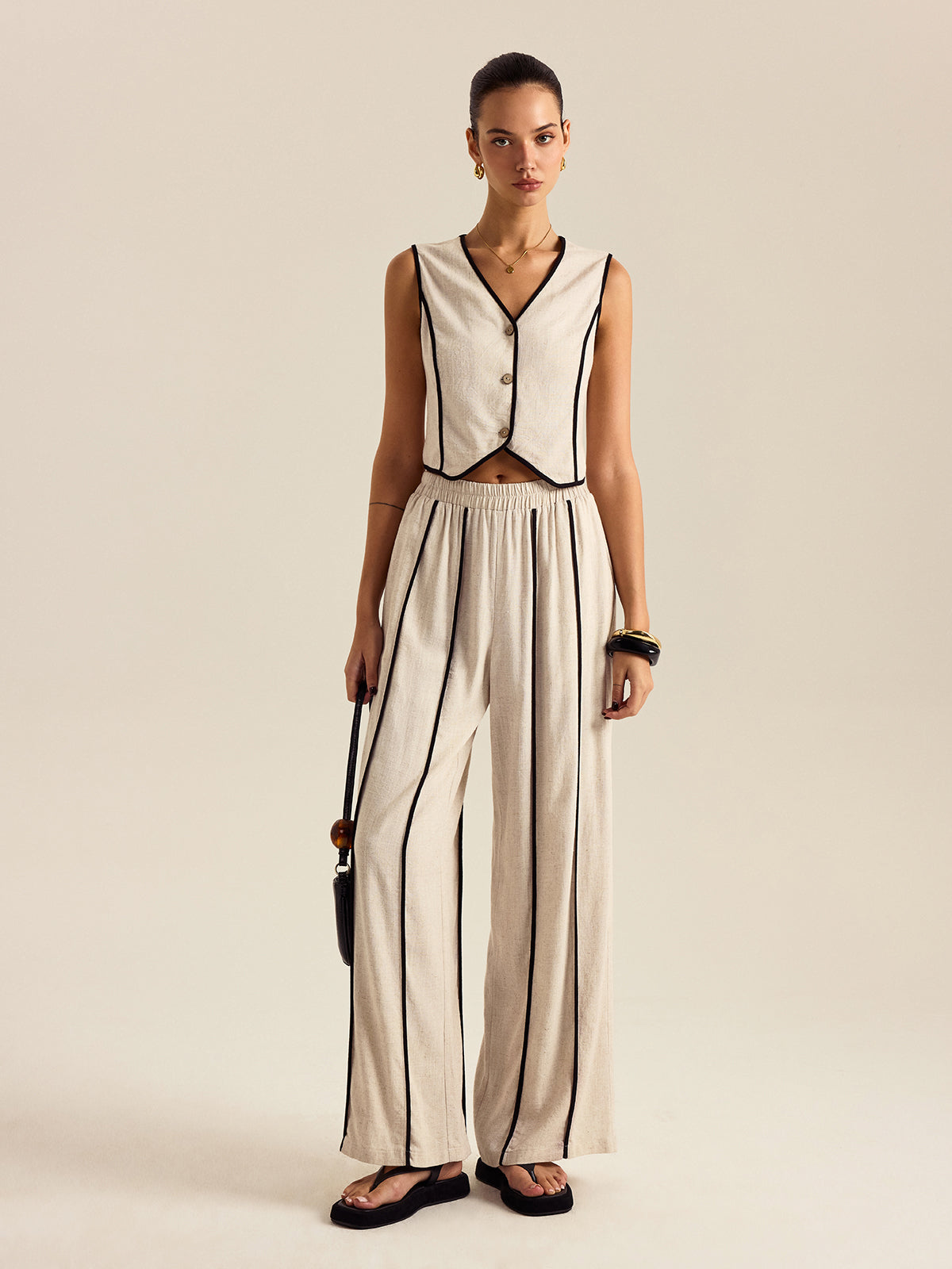 Linen & Cotton Striped Pants Set With Elastic Waist-Chicvia