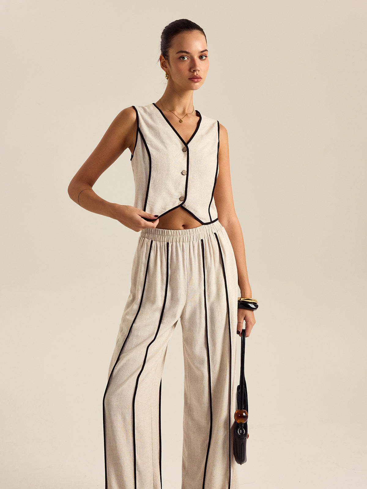 Linen & Cotton Striped Pants Set With Elastic Waist-Chicvia