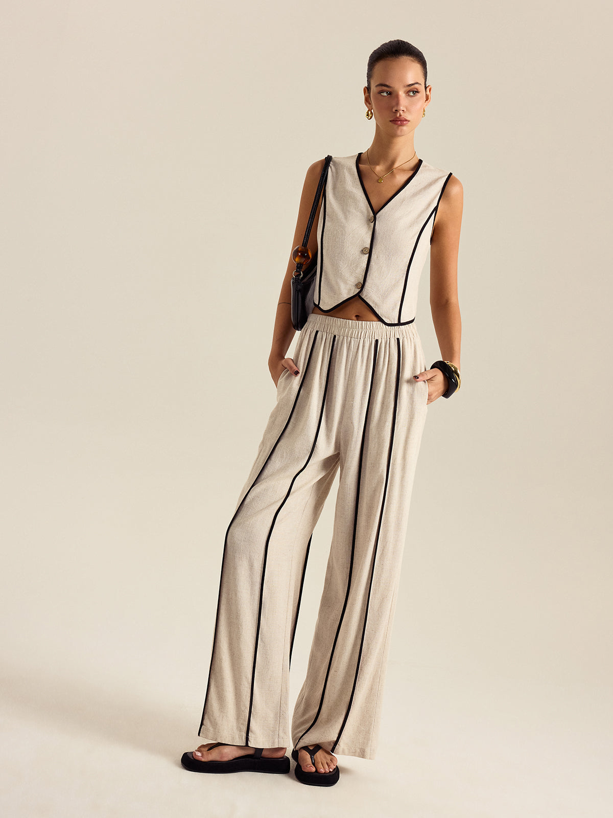 Linen & Cotton Striped Pants Set With Elastic Waist-Chicvia