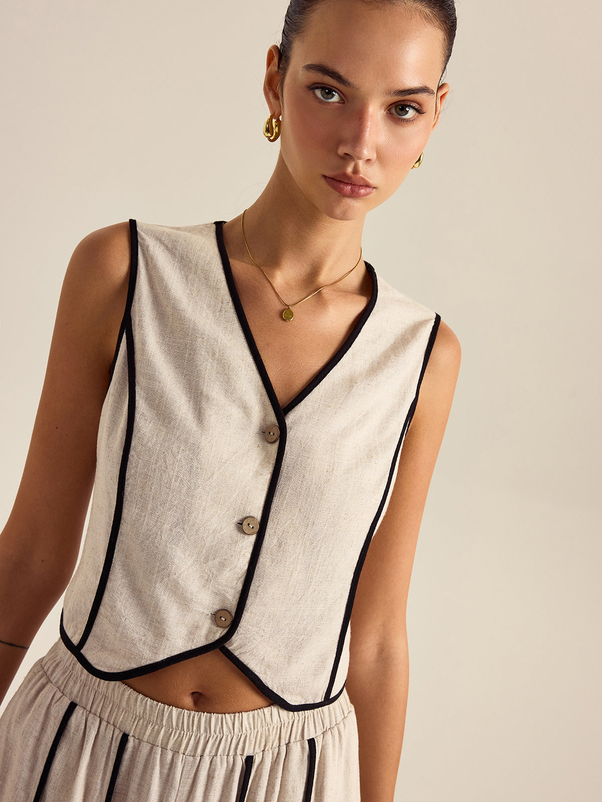 Linen & Cotton Striped Pants Set With Elastic Waist-Chicvia