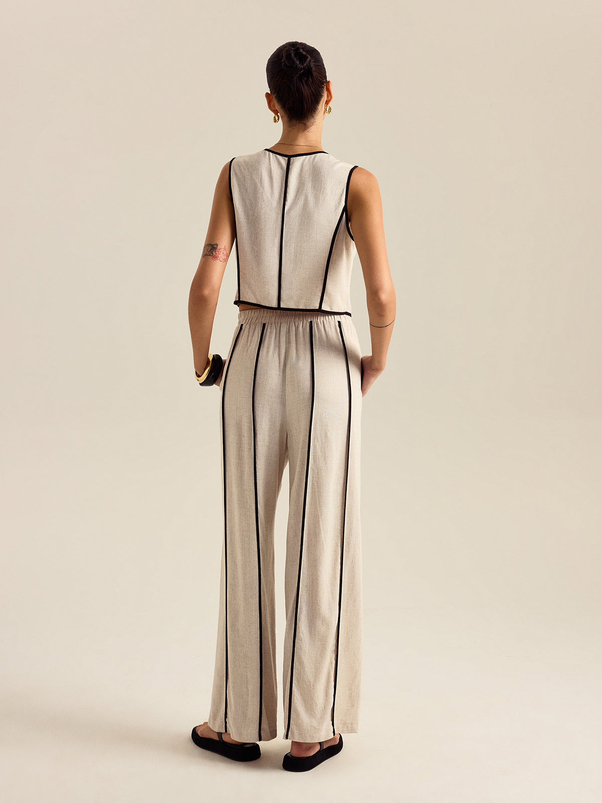 Linen & Cotton Striped Pants Set With Elastic Waist-Chicvia