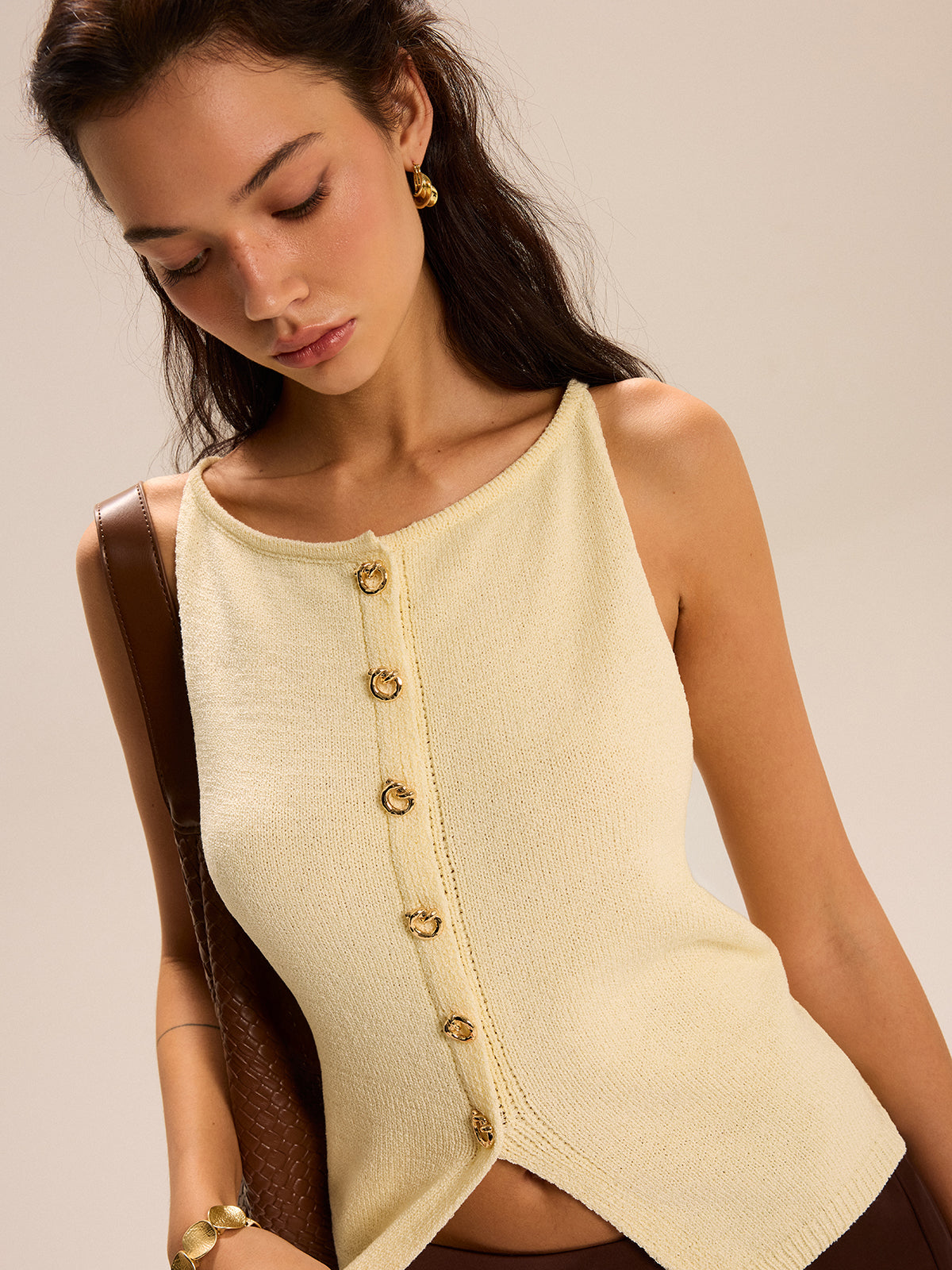 Knit Button-Front Tank Top-Chicvia