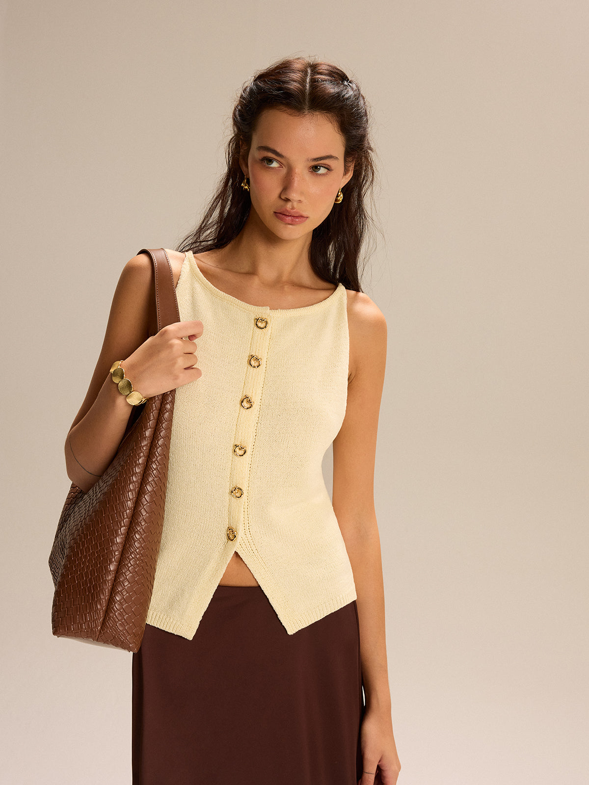 Knit Button-Front Tank Top-Chicvia