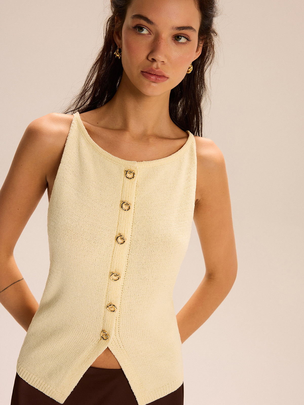 Knit Button-Front Tank Top-Chicvia