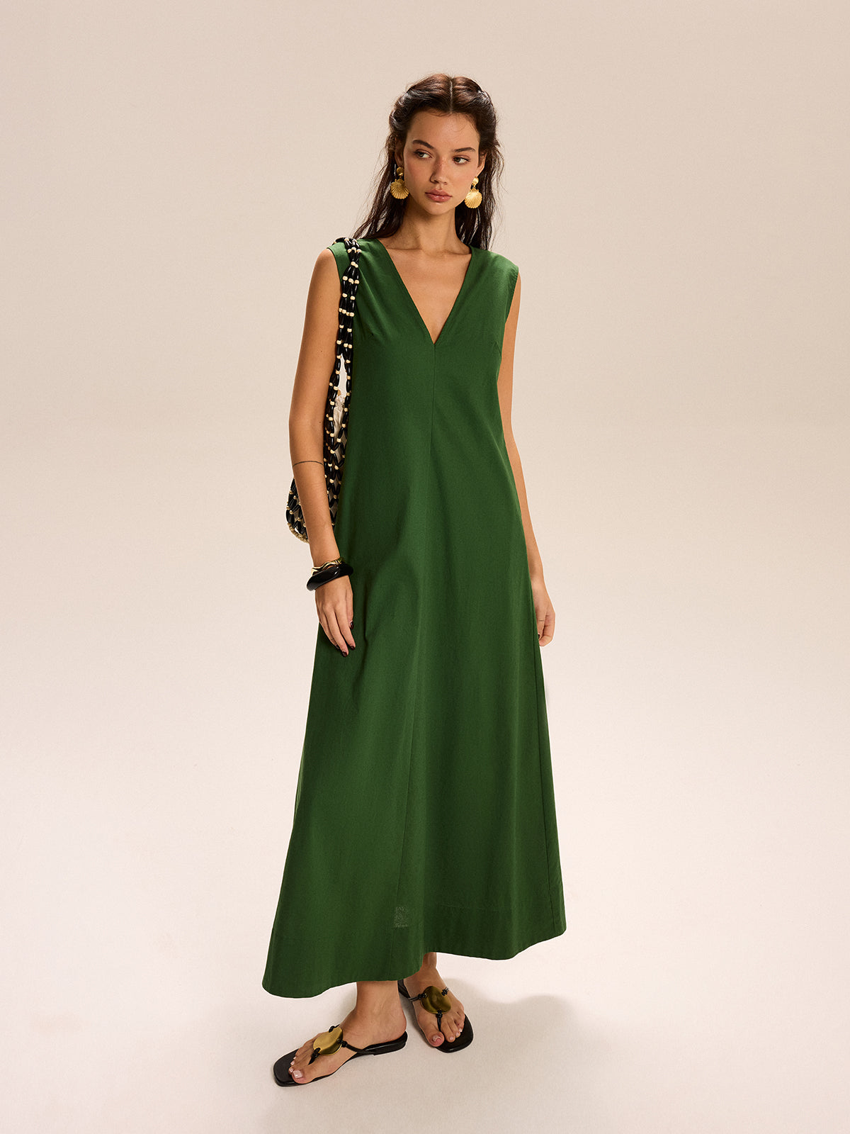 Linen & Cotton Pocketed V-Neck Maxi Dress-Chicvia
