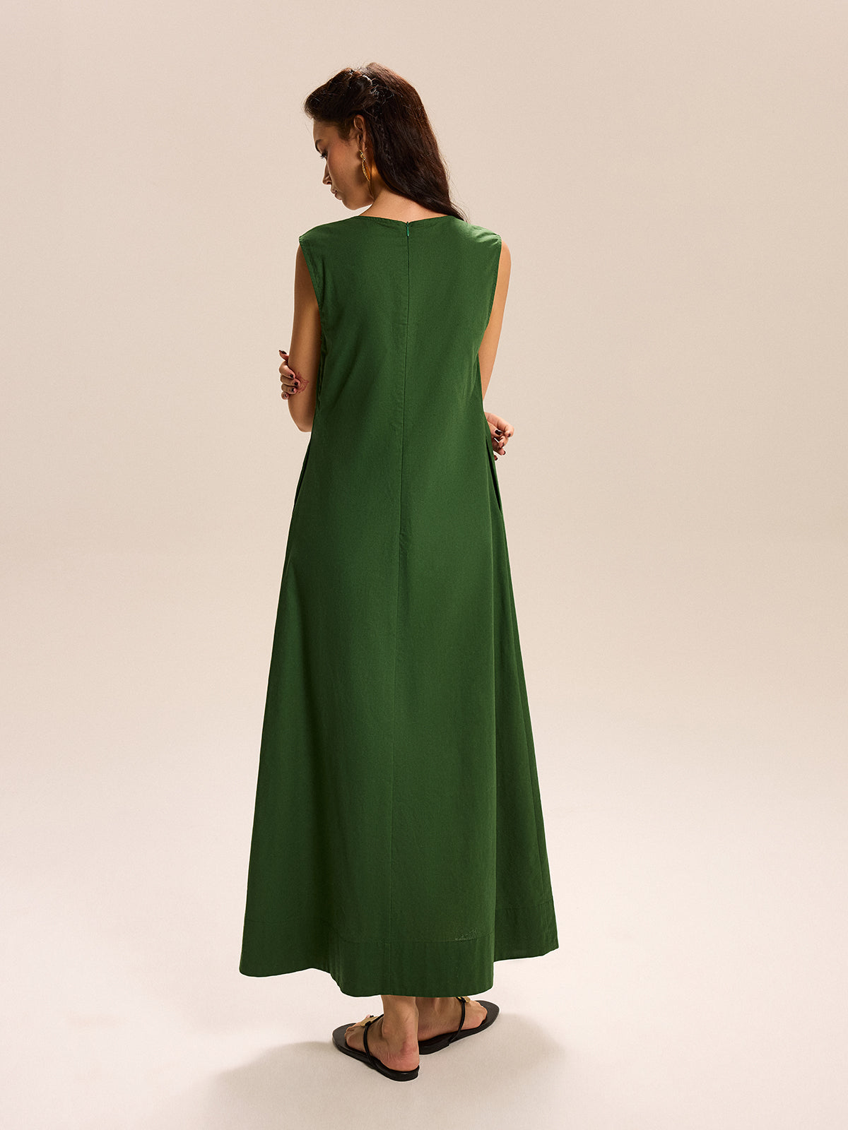 Linen & Cotton Pocketed V-Neck Maxi Dress-Chicvia