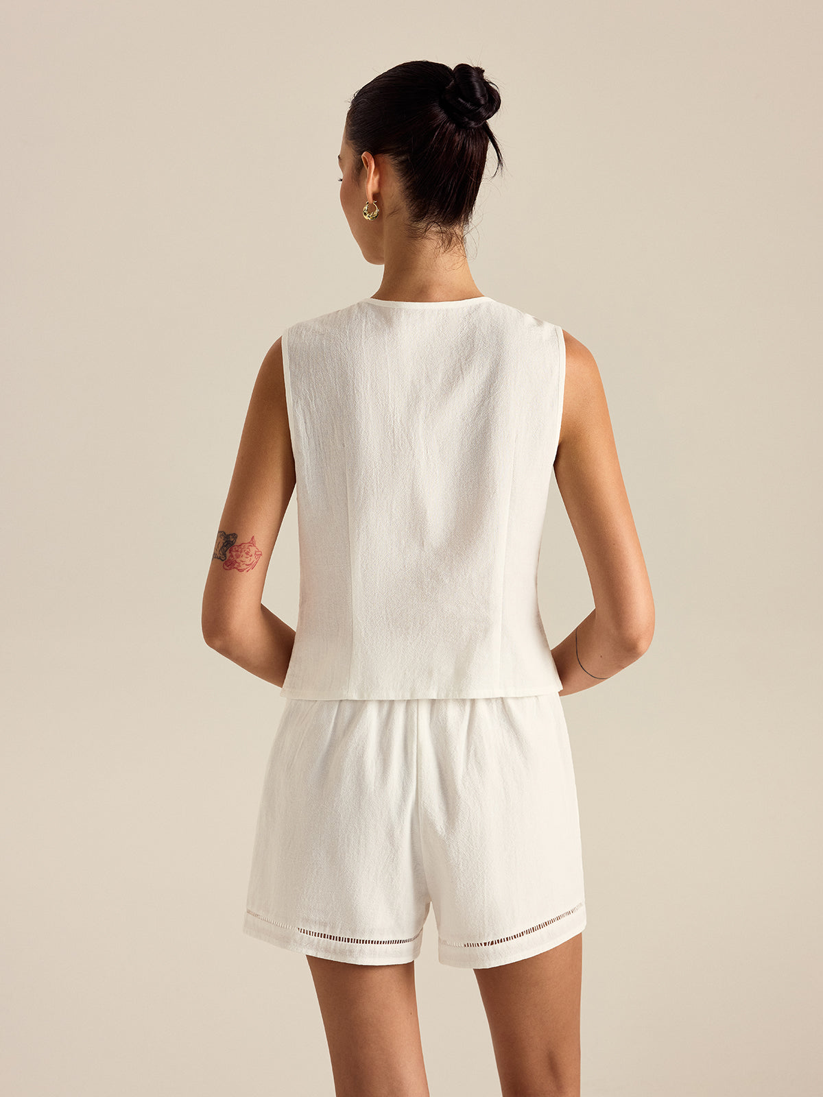 Cotton Button Detail Vest Top With Pockets Shorts Set-Chicvia