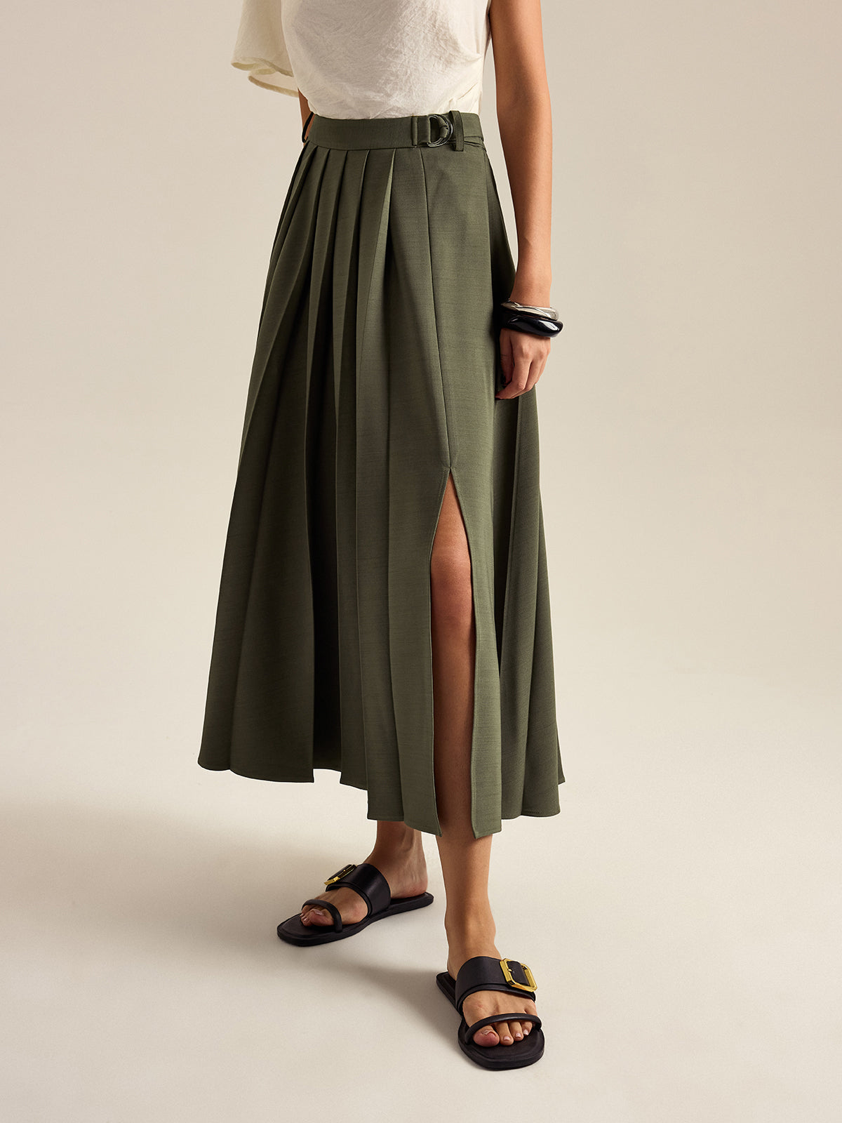 Pleated Midi Skirt with Side Slit-Chicvia