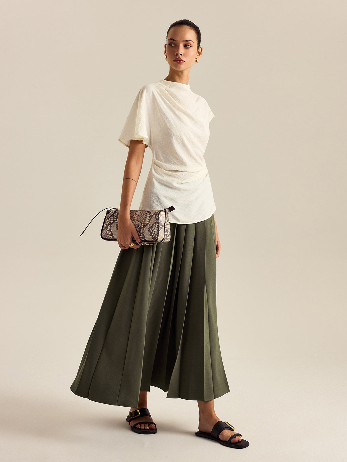 Pleated Midi Skirt with Side Slit-Chicvia