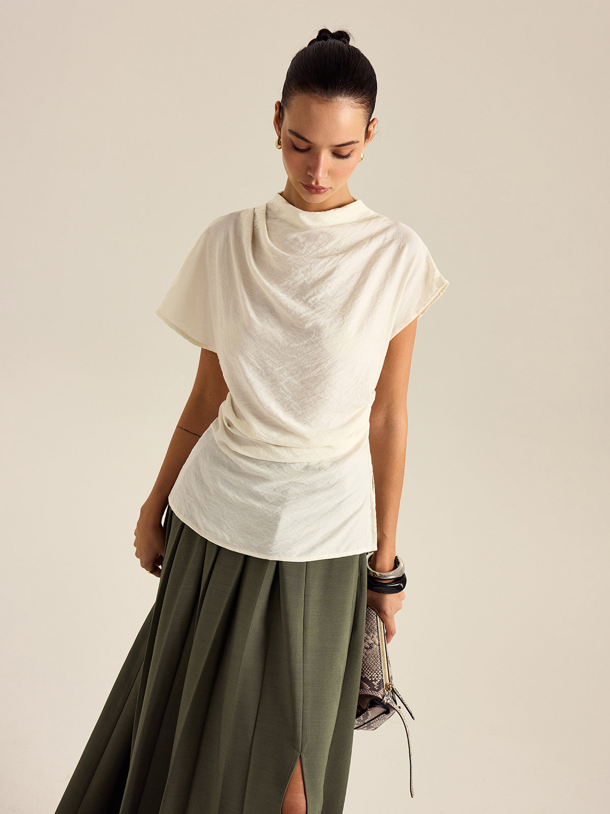 Draped Mock Neck Blouse-Chicvia