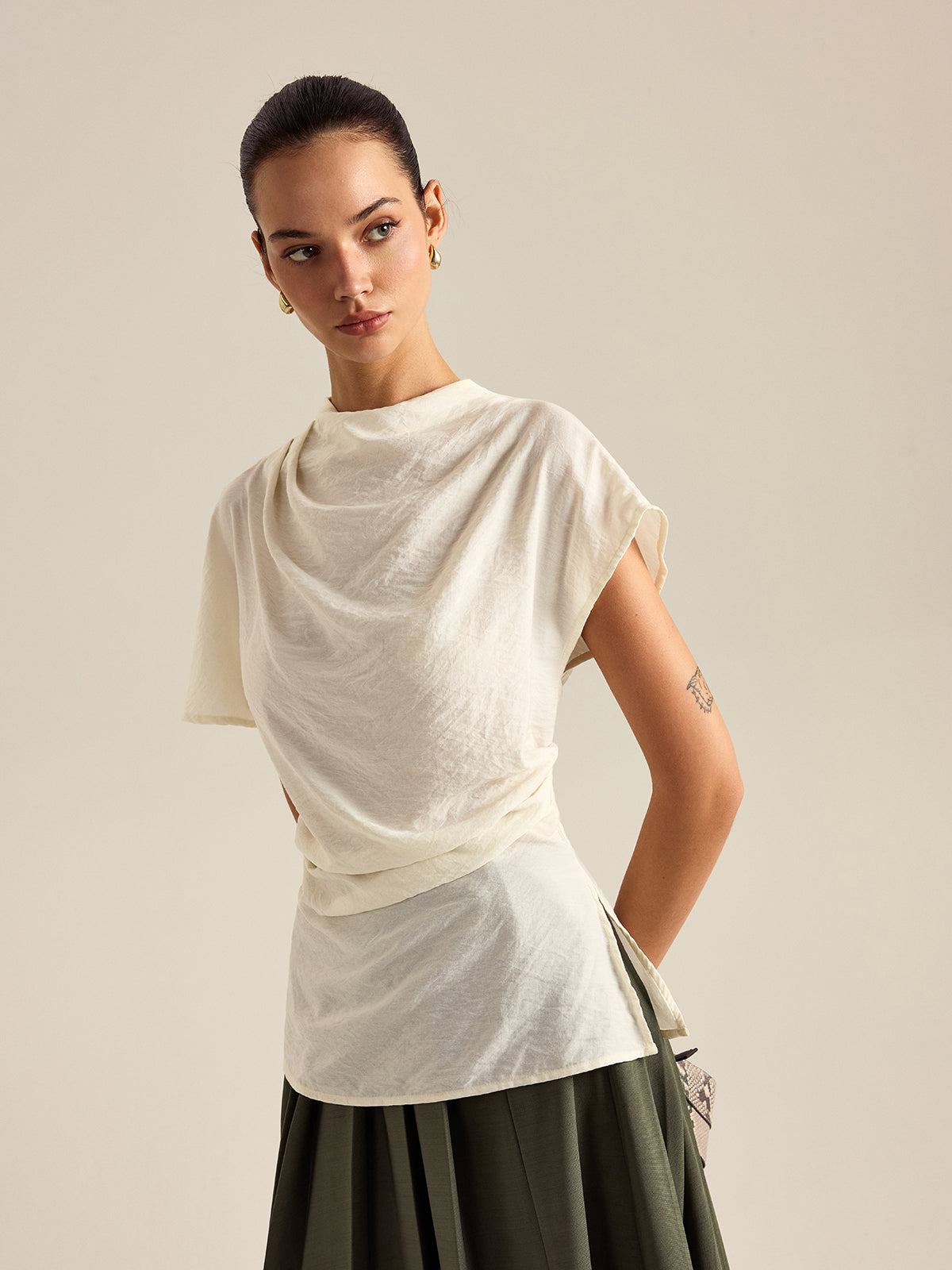 Draped Mock Neck Blouse-Chicvia
