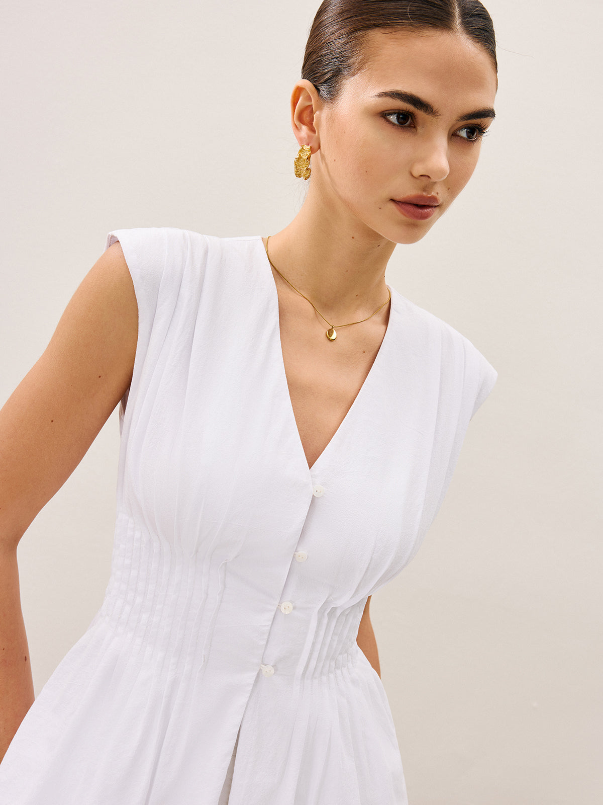 Pleated Peplum V-Neck Blouse-Chicvia