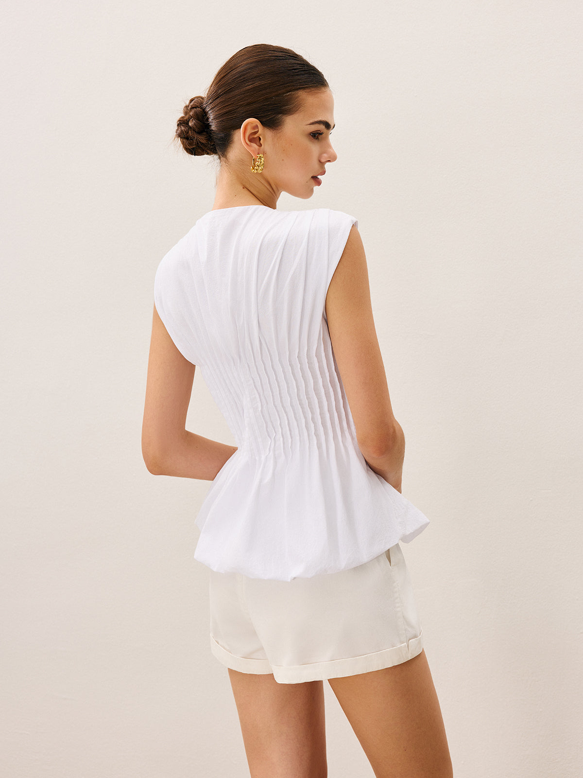 Pleated Peplum V-Neck Blouse-Chicvia