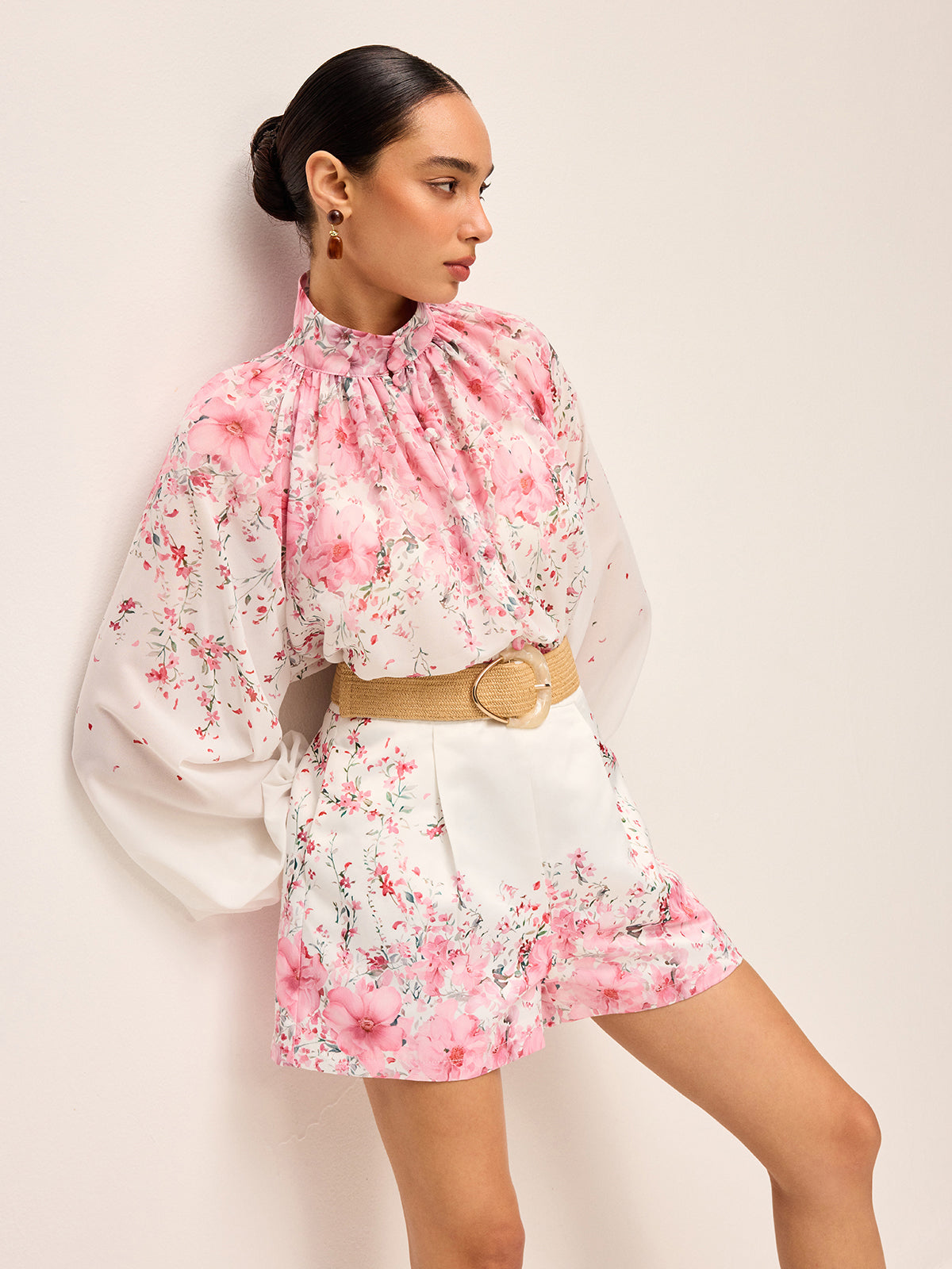 Floral Print Pleated Shorts Set Without Belt-Chicvia