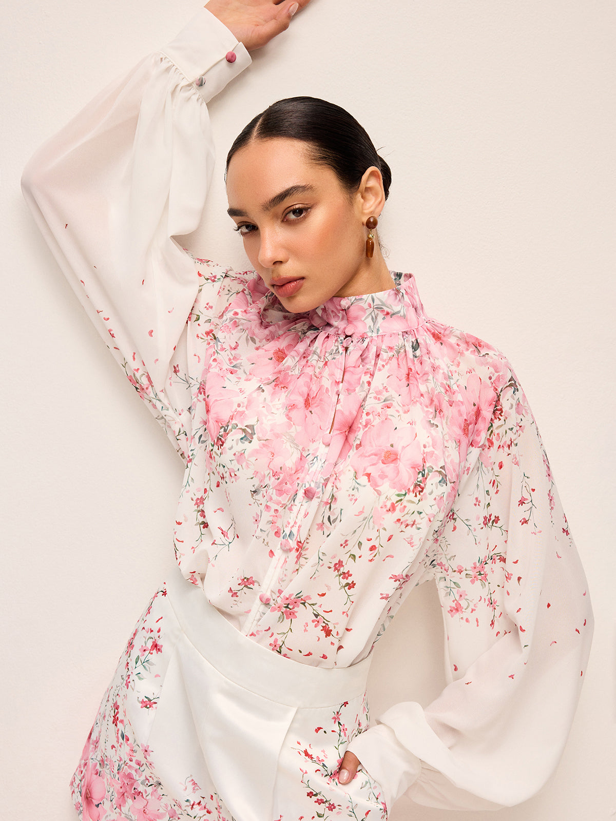 Floral Print Pleated Shorts Set Without Belt-Chicvia