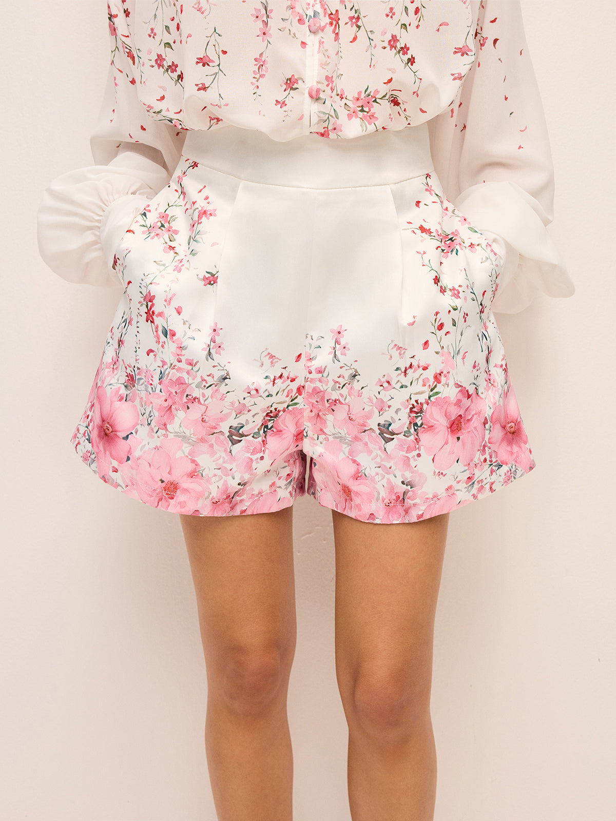 Floral Print Pleated Shorts Set Without Belt-Chicvia