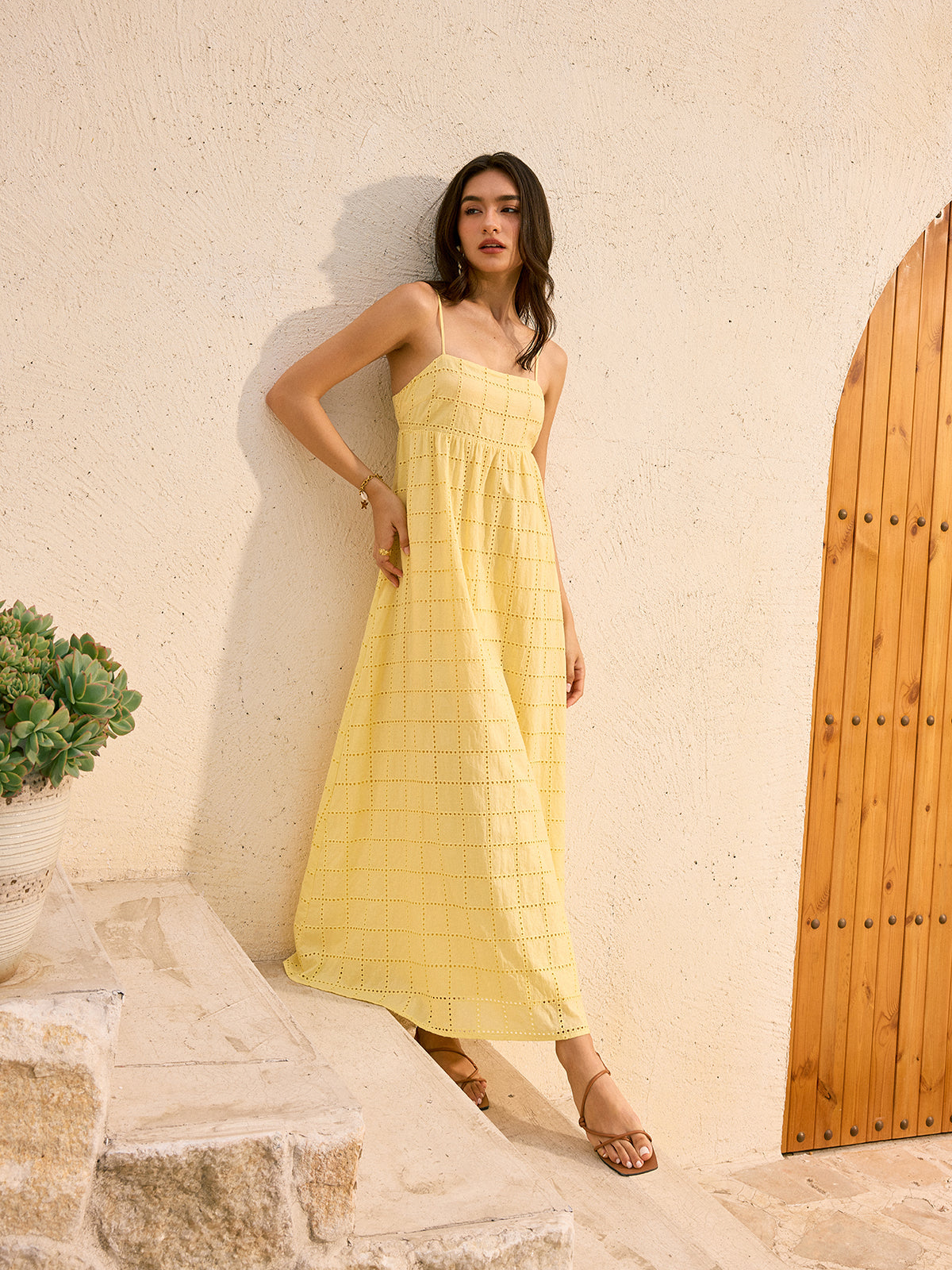 Eyelet Backless Maxi Dress-Chicvia