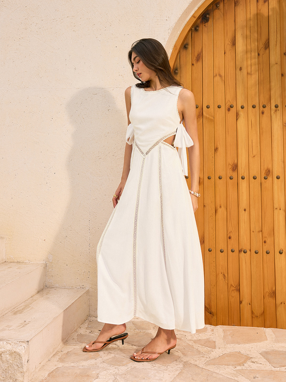 Linen & Cotton Cut-Out Tie-Back Maxi Dress-Chicvia