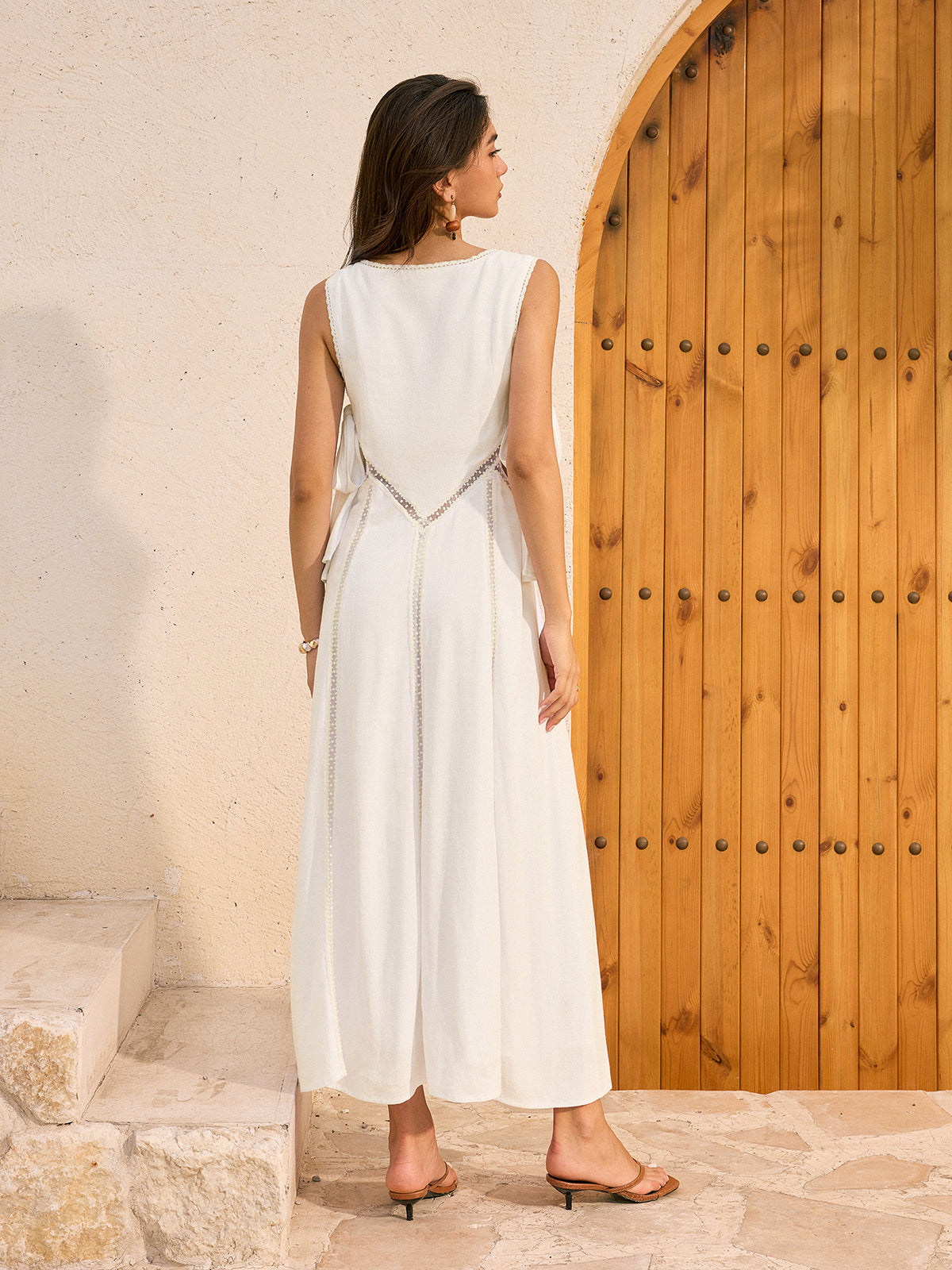 Linen & Cotton Cut-Out Tie-Back Maxi Dress-Chicvia