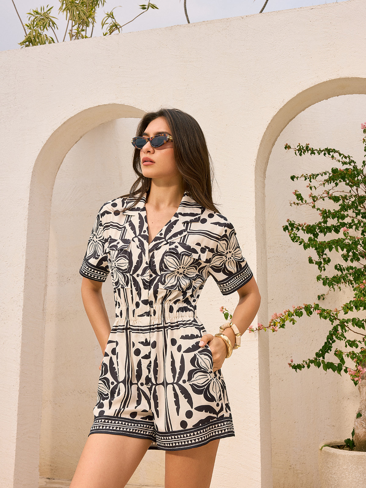 Pocketed Print Jumpsuit-Chicvia