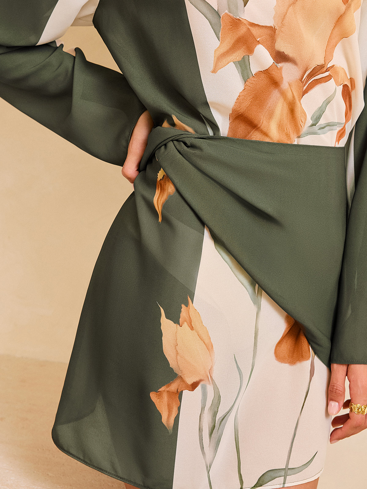 Floral Print Long Sleeve Wrap Dress-Chicvia