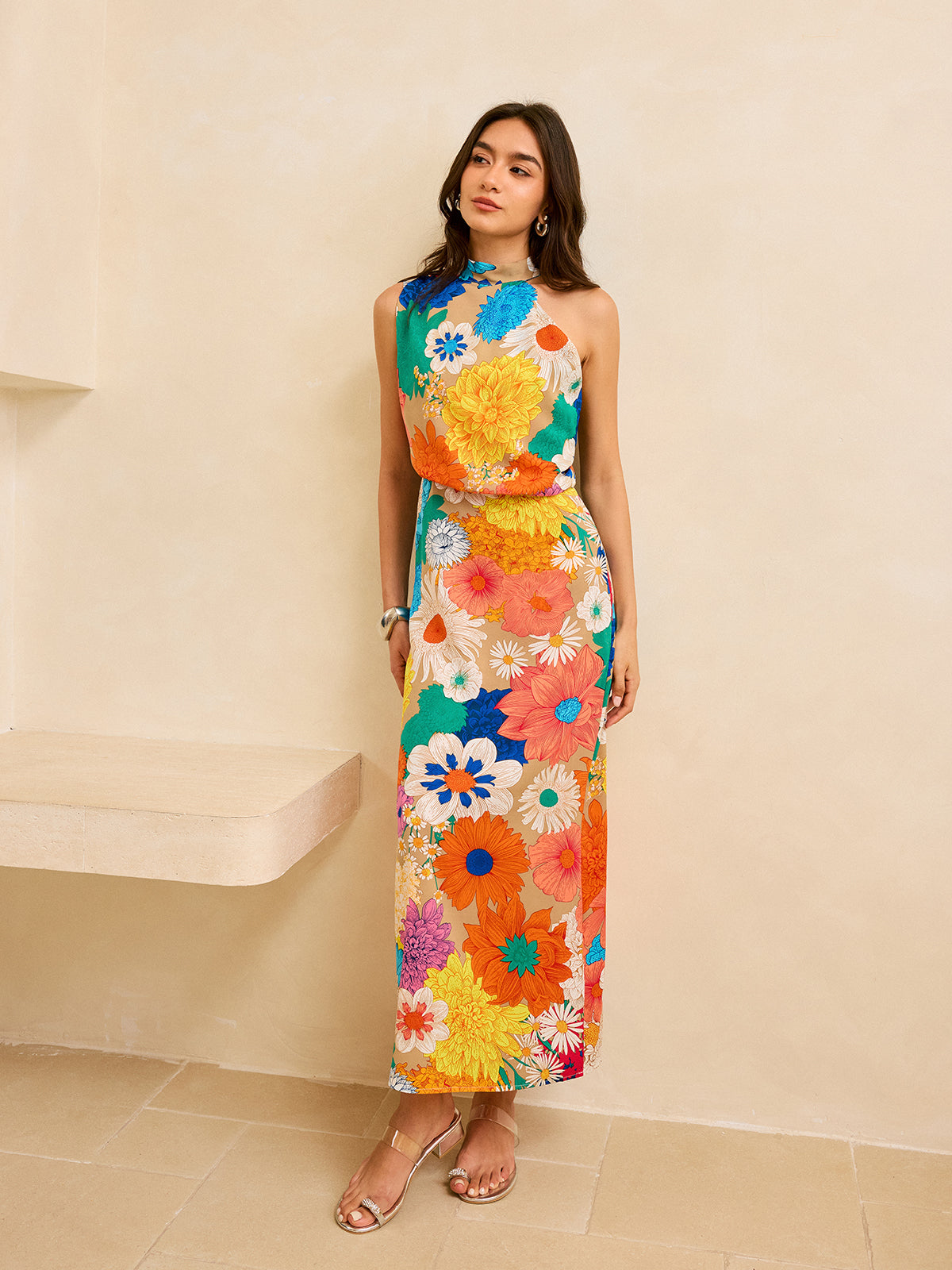 Floral Print Maxi Dress with Tie Back-Chicvia