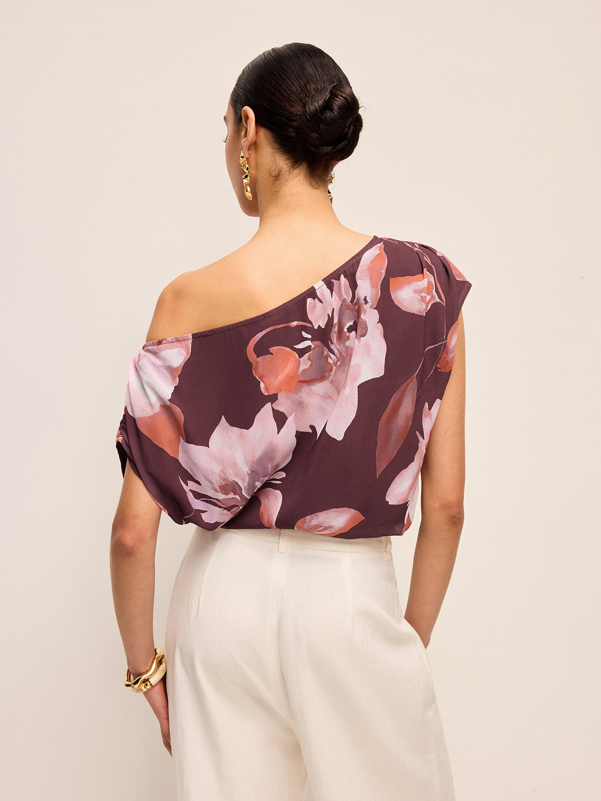 One-Shoulder Floral Belted Blouse-Chicvia