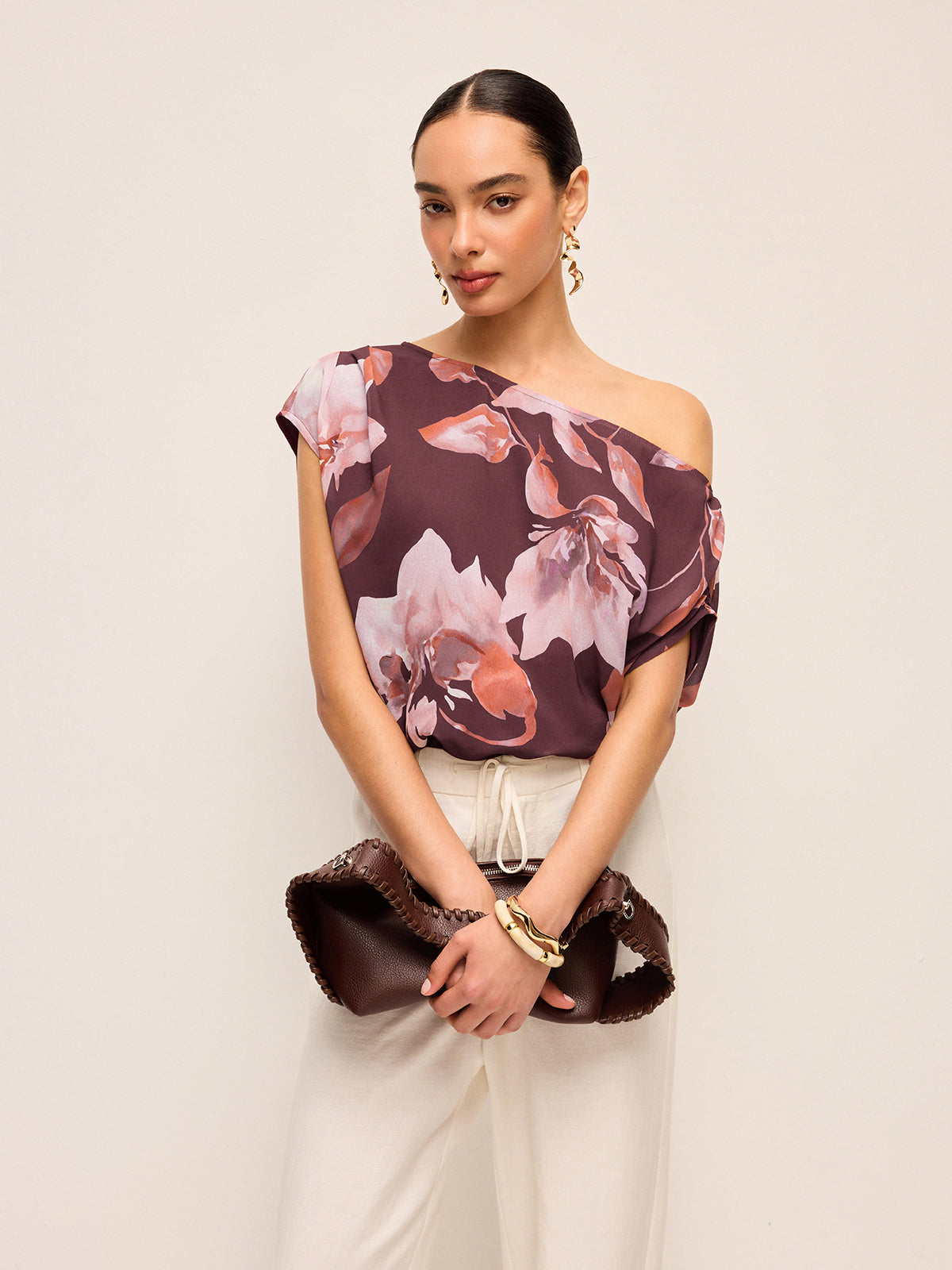One-Shoulder Floral Belted Blouse-Chicvia
