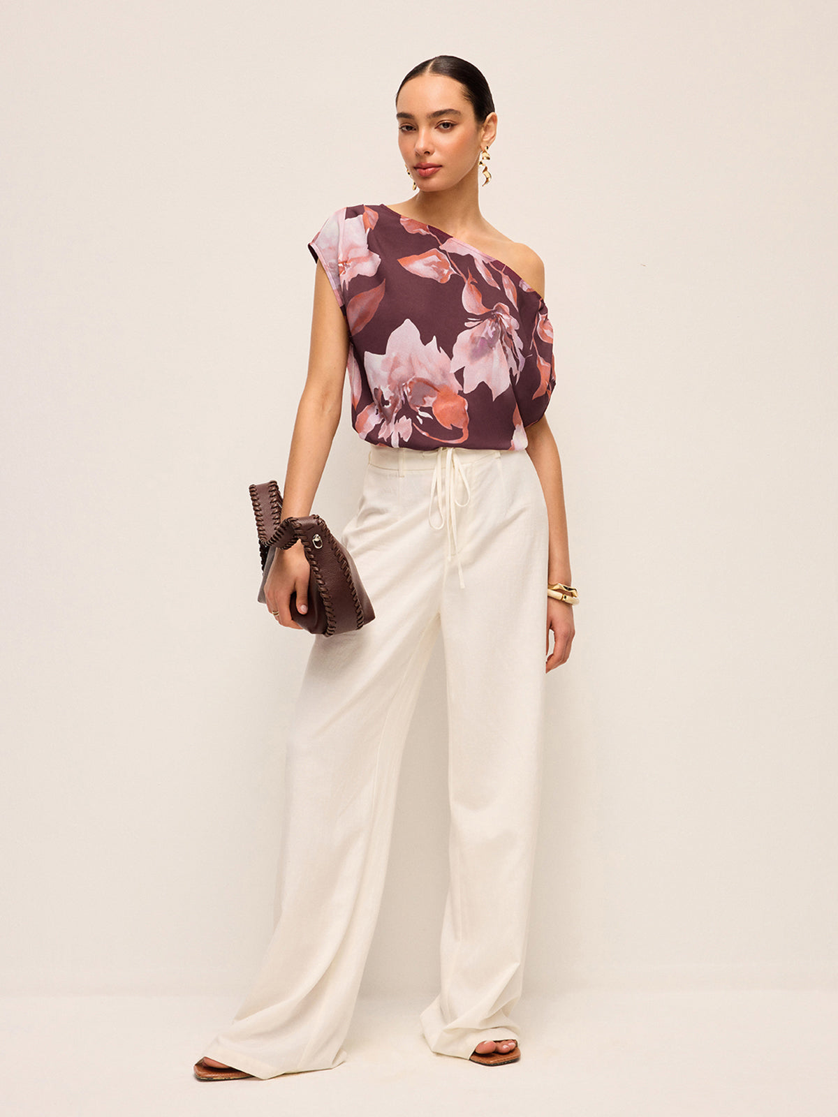 One-Shoulder Floral Belted Blouse-Chicvia