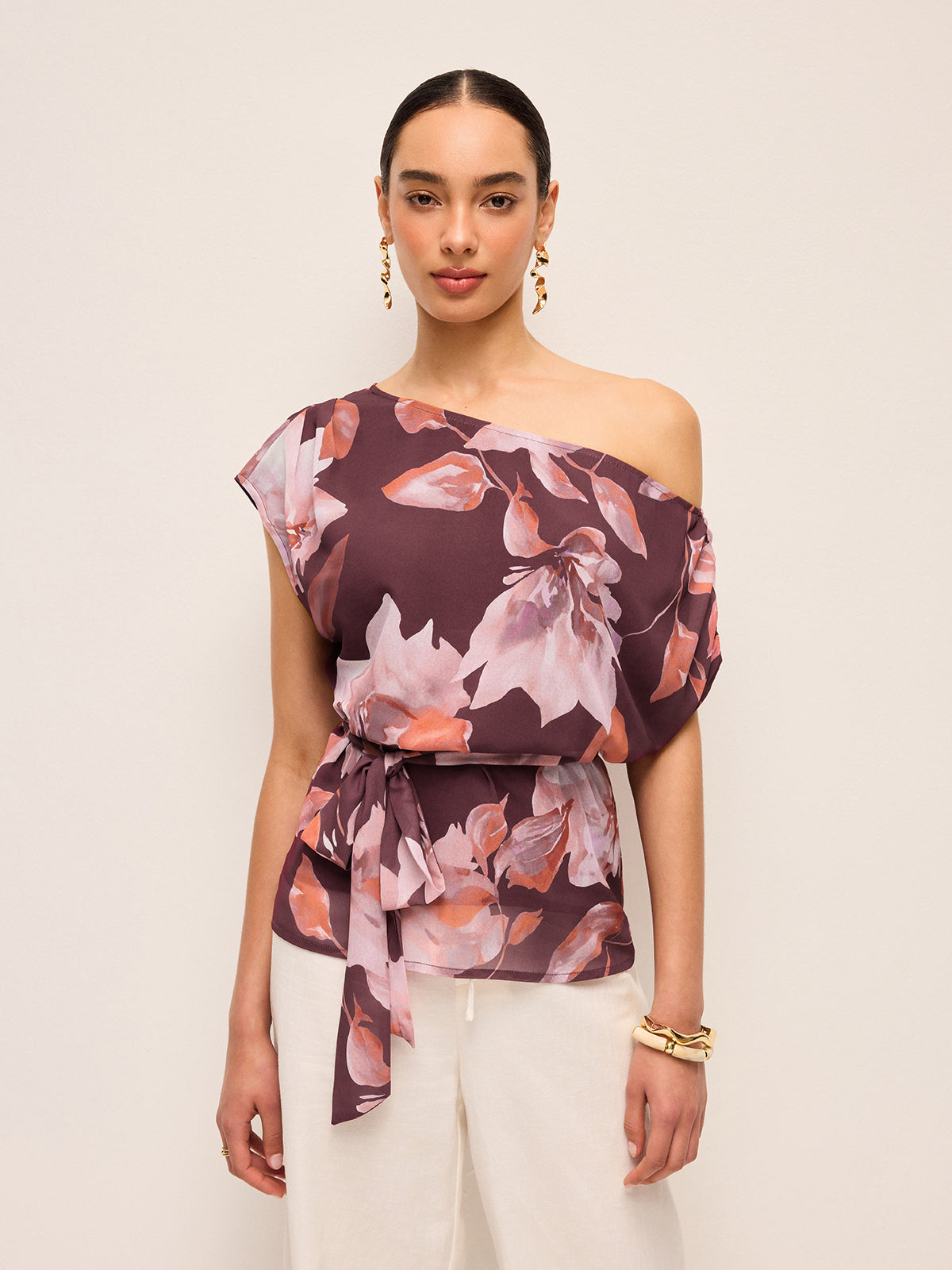 One-Shoulder Floral Belted Blouse-Chicvia