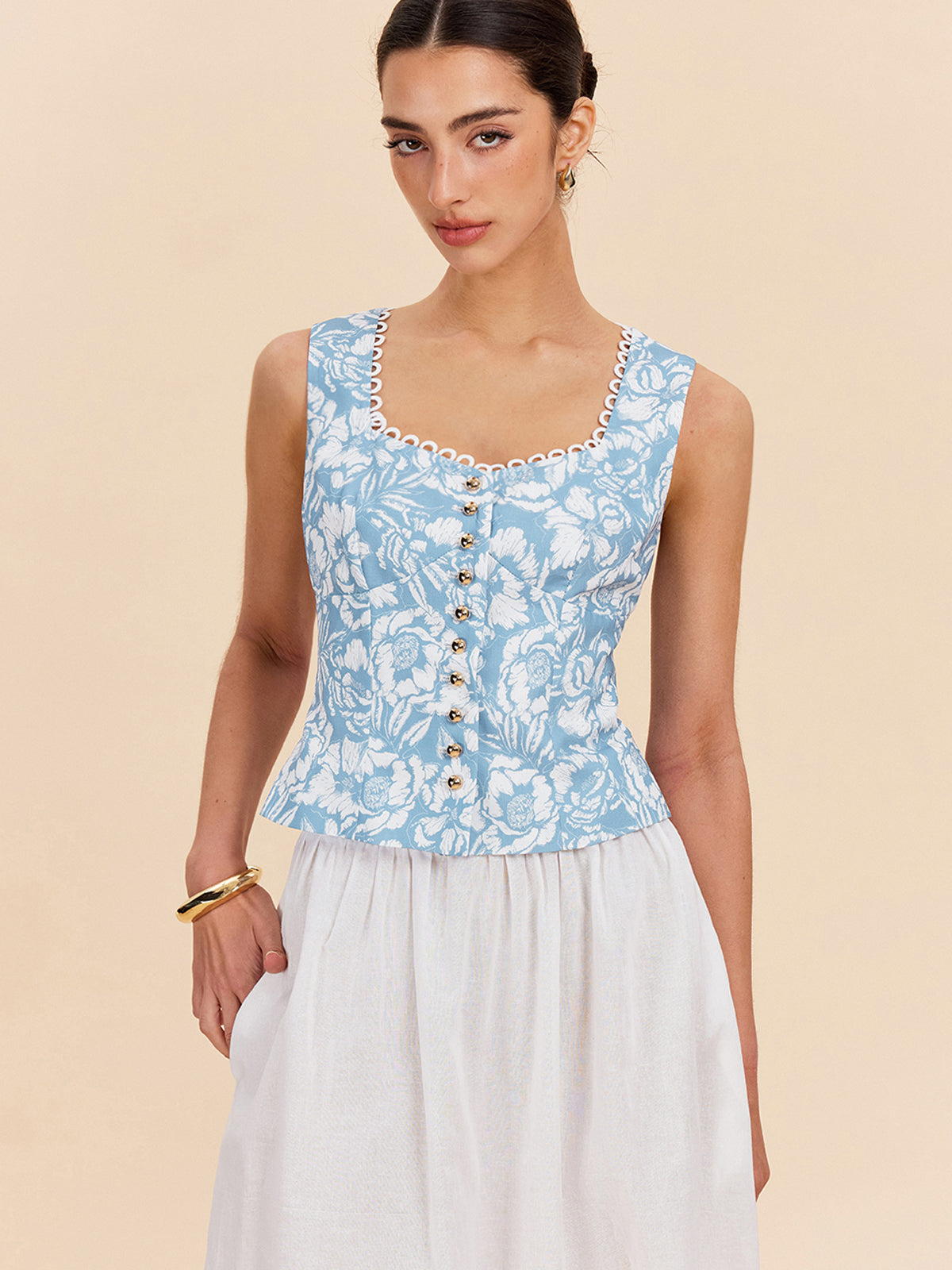 Floral Print Button-Front Top-Chicvia