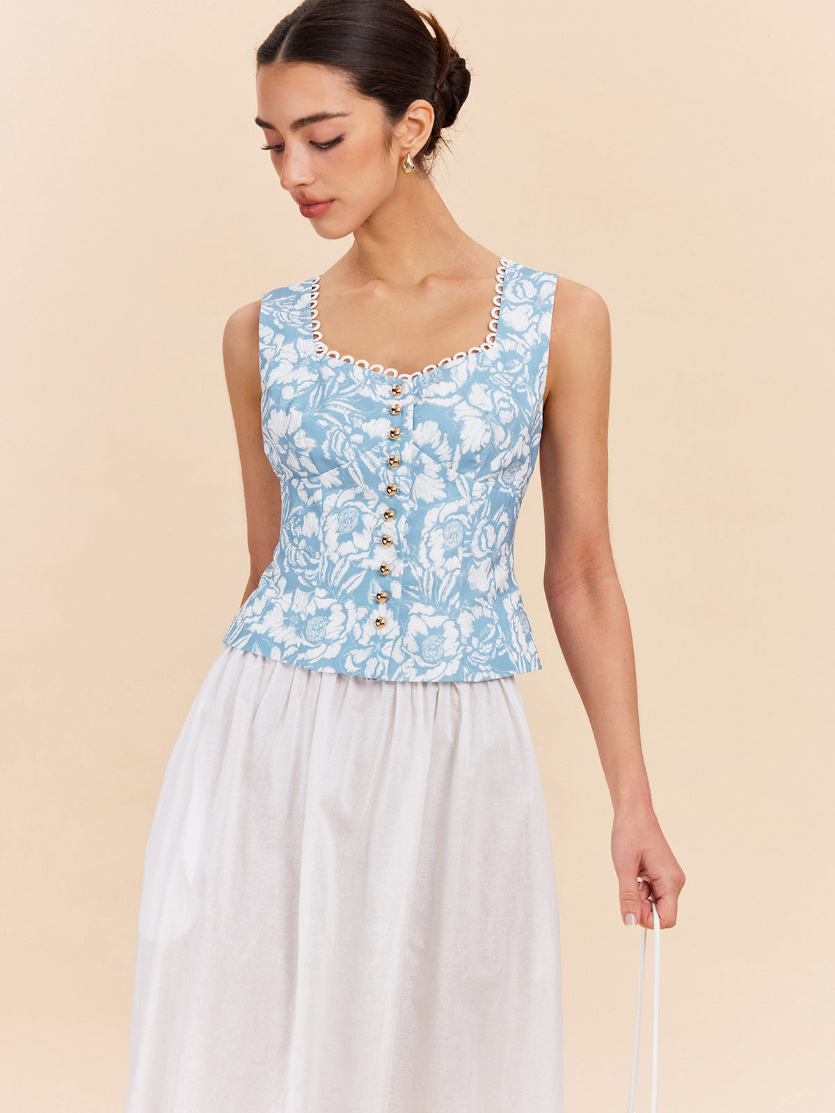 Floral Print Button-Front Top-Chicvia