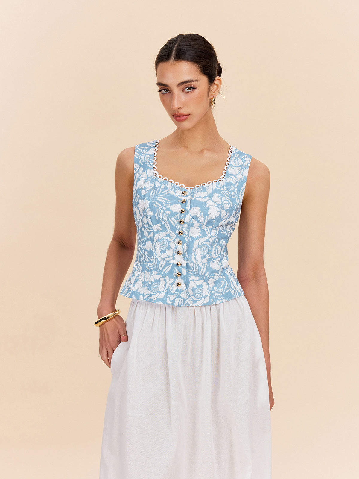 Floral Print Button-Front Top-Chicvia