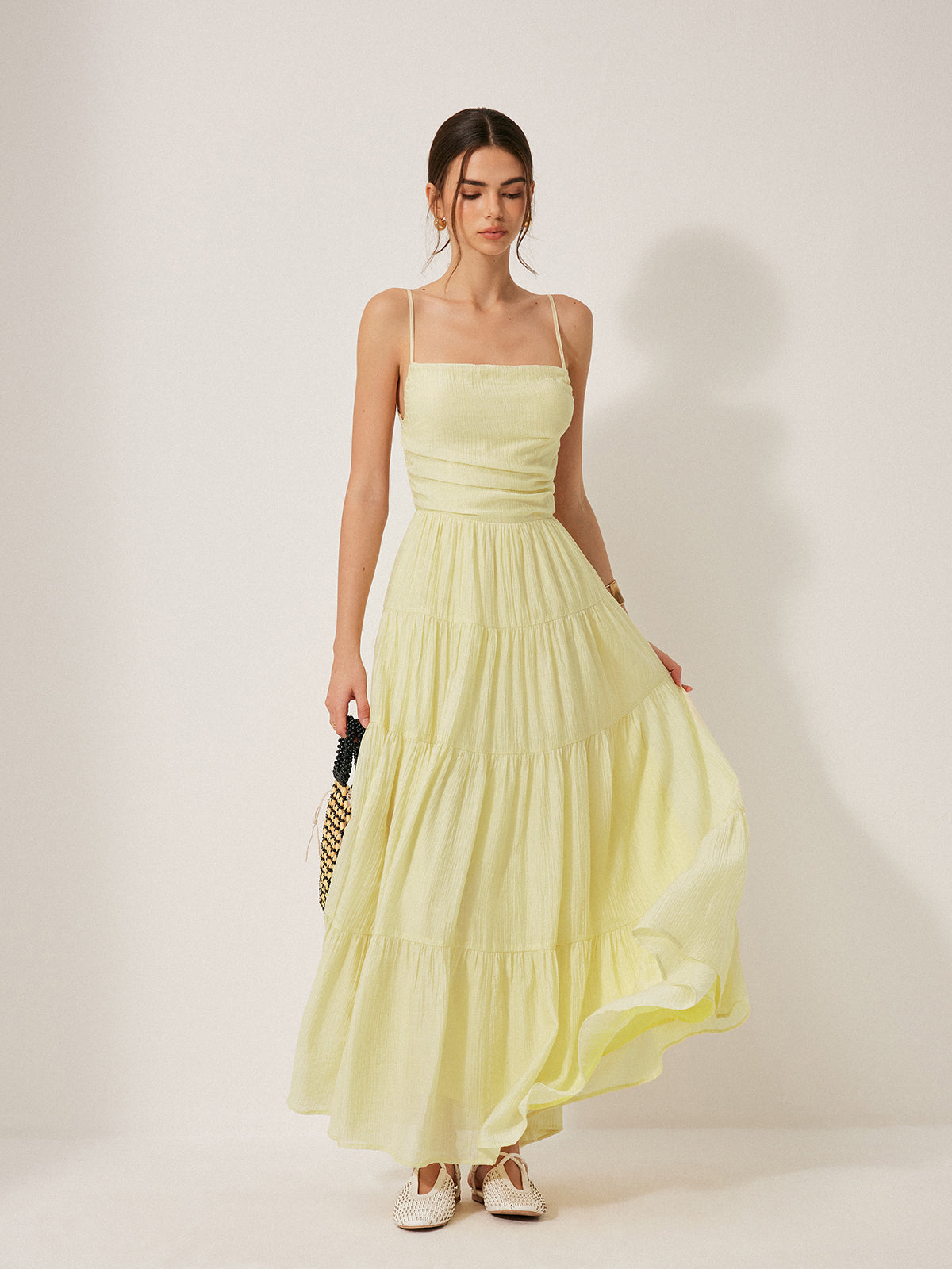 Pleated Backless Tiered Cami Dress-Chicvia