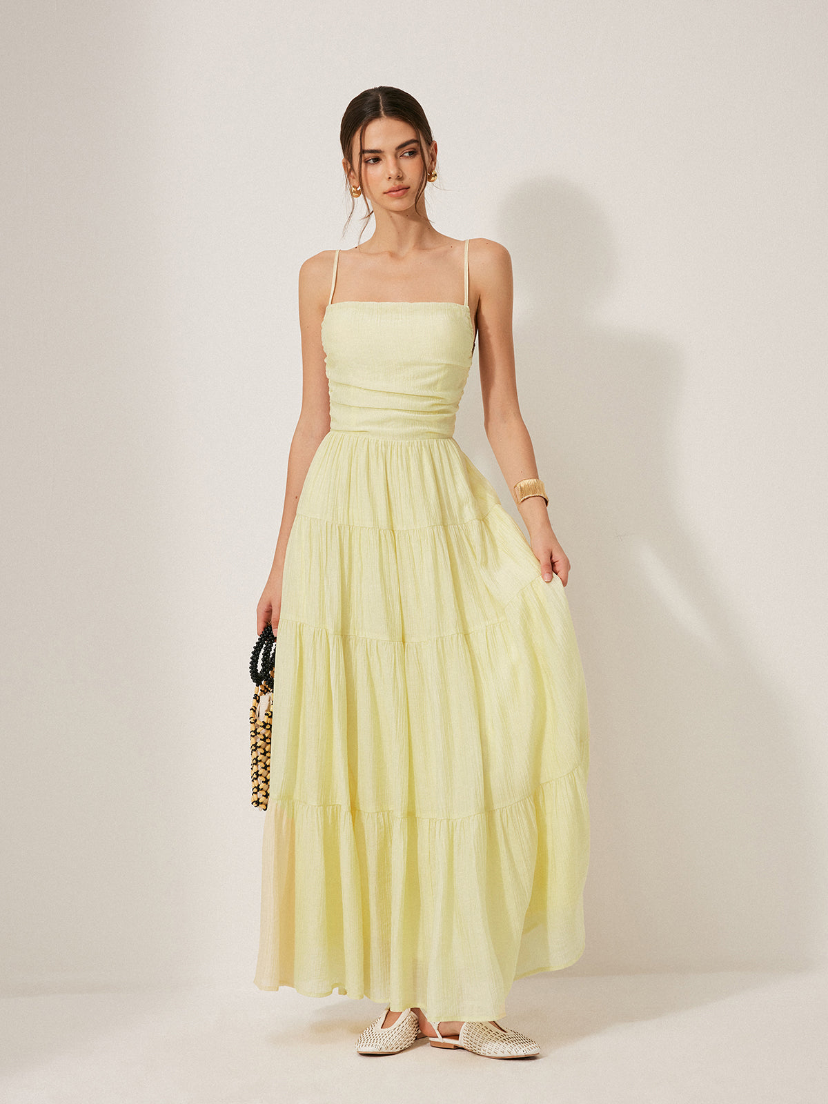 Pleated Backless Tiered Cami Dress-Chicvia