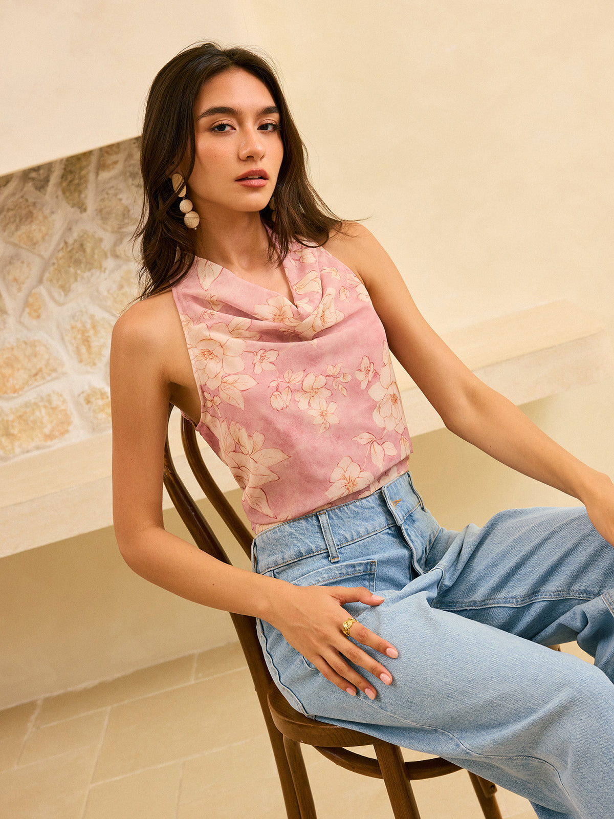 Floral Print Cowl Neck Top-Chicvia