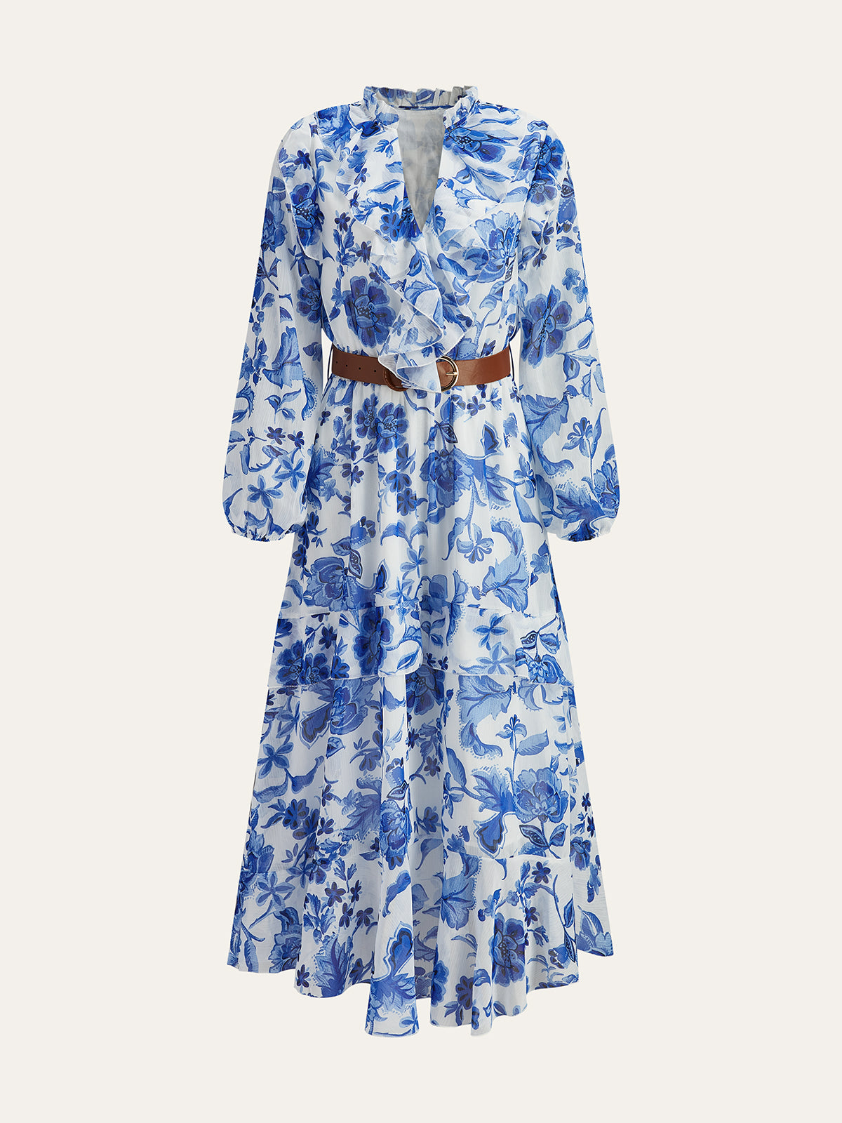 Belted Ruffled Floral Print Maxi Dress-Chicvia