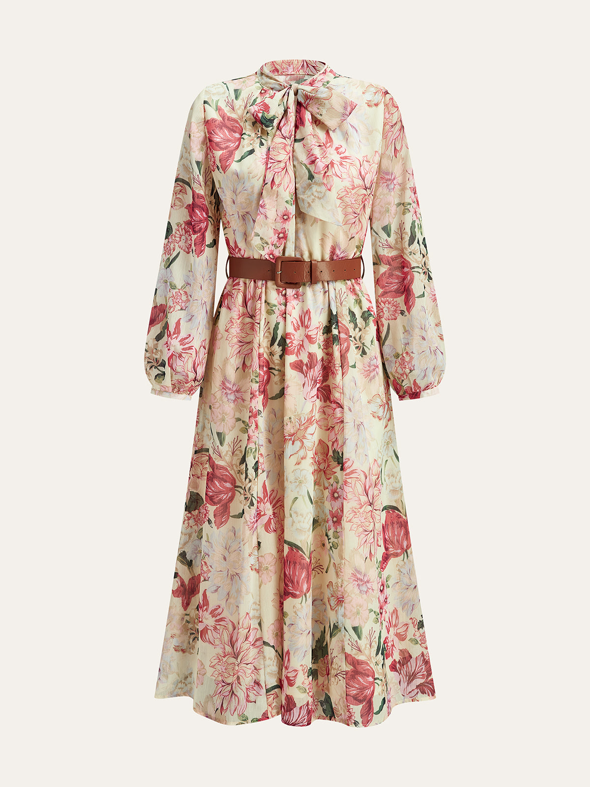 Floral Print Bow Neck Belted Maxi Dress-Chicvia