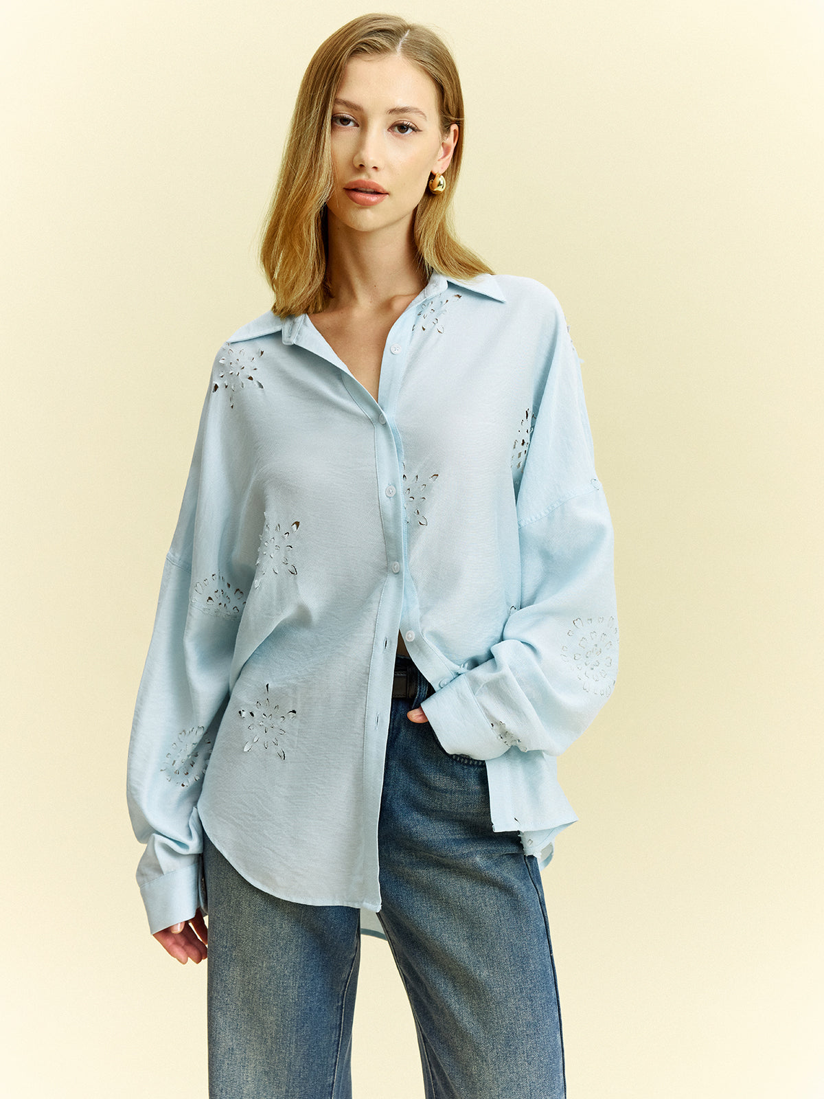 Oversized Eyelet Detail Shirt-Chicvia