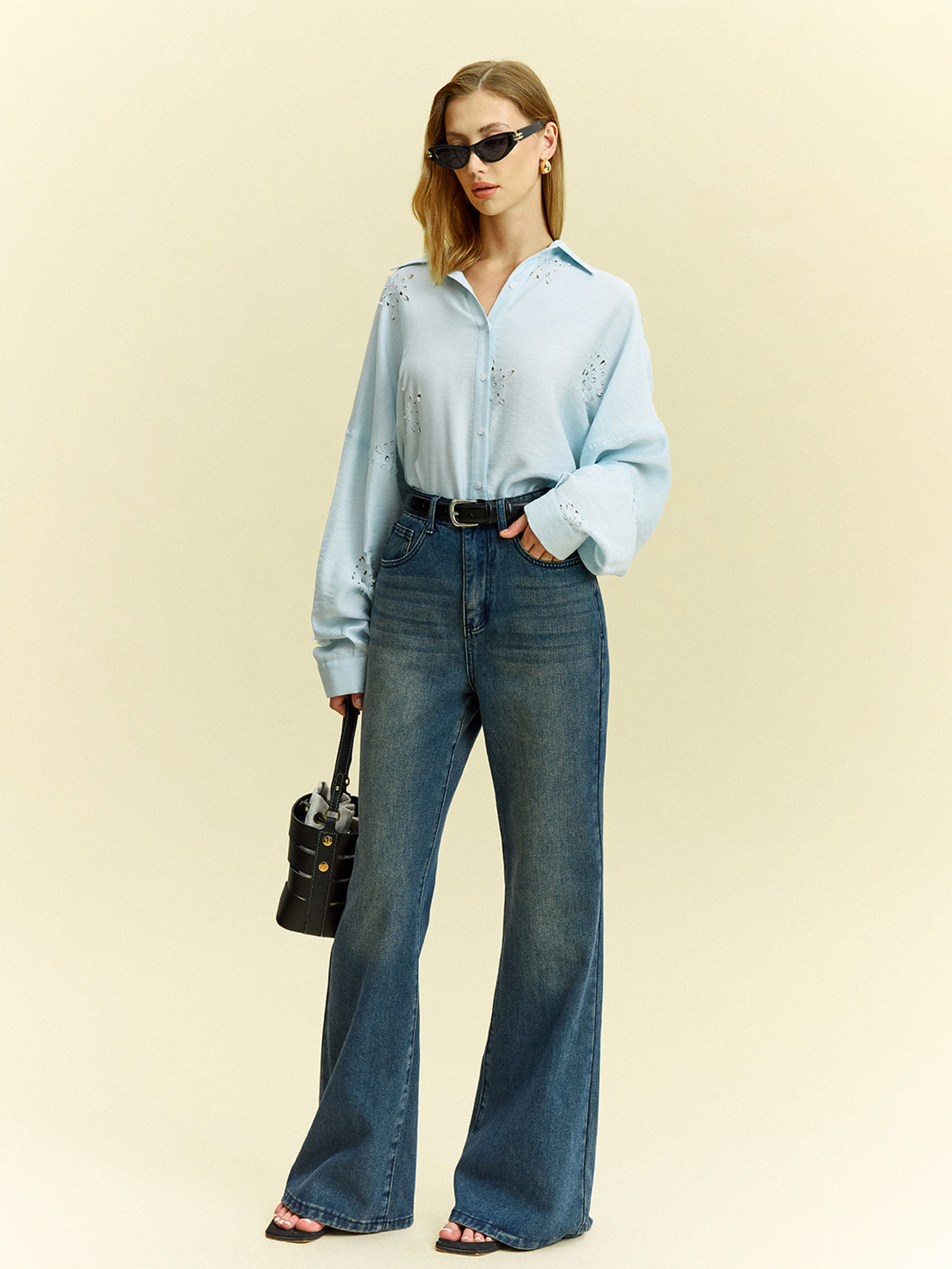 Oversized Eyelet Detail Shirt-Chicvia