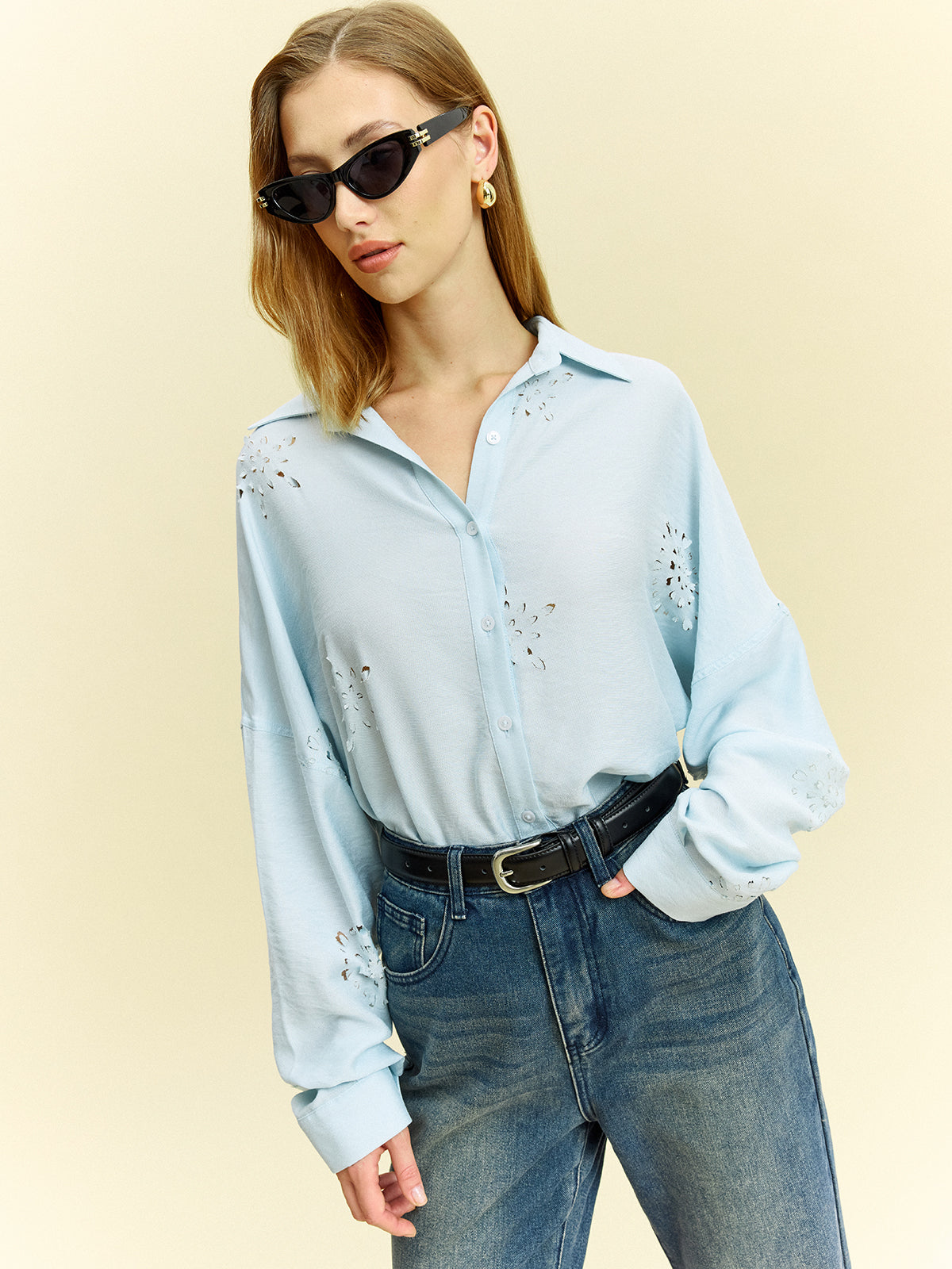 Oversized Eyelet Detail Shirt-Chicvia