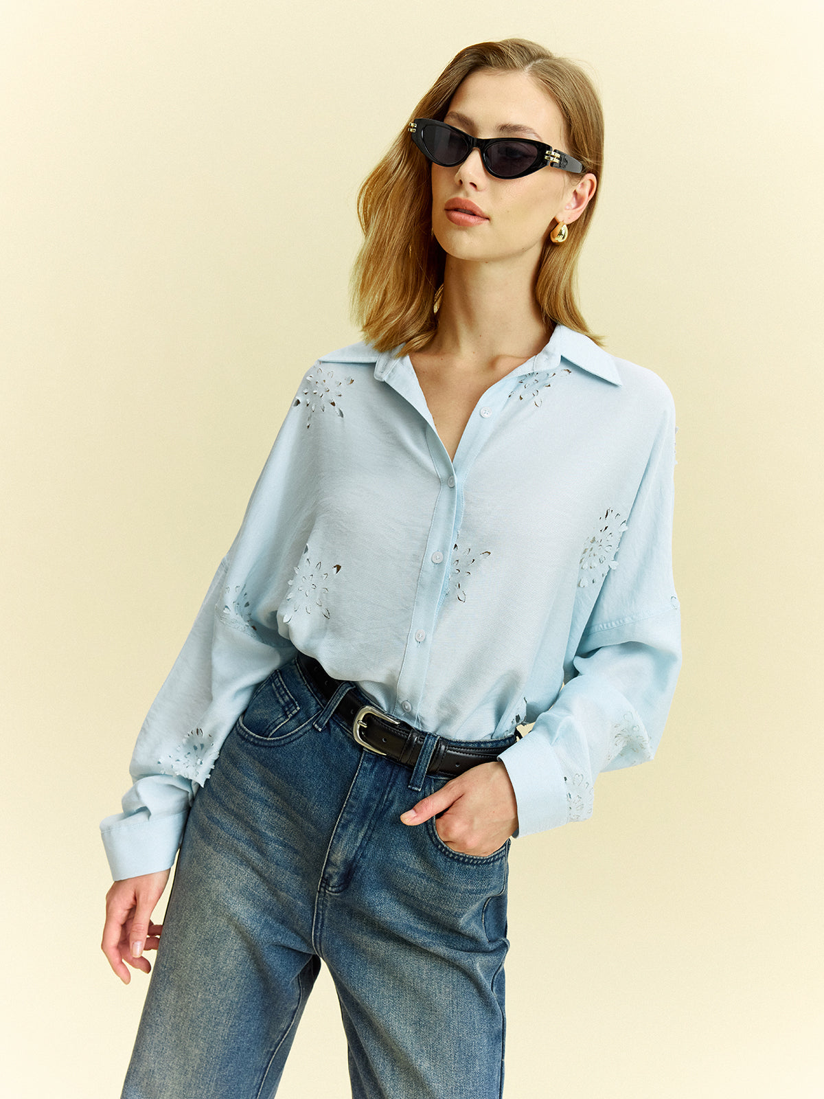 Oversized Eyelet Detail Shirt-Chicvia