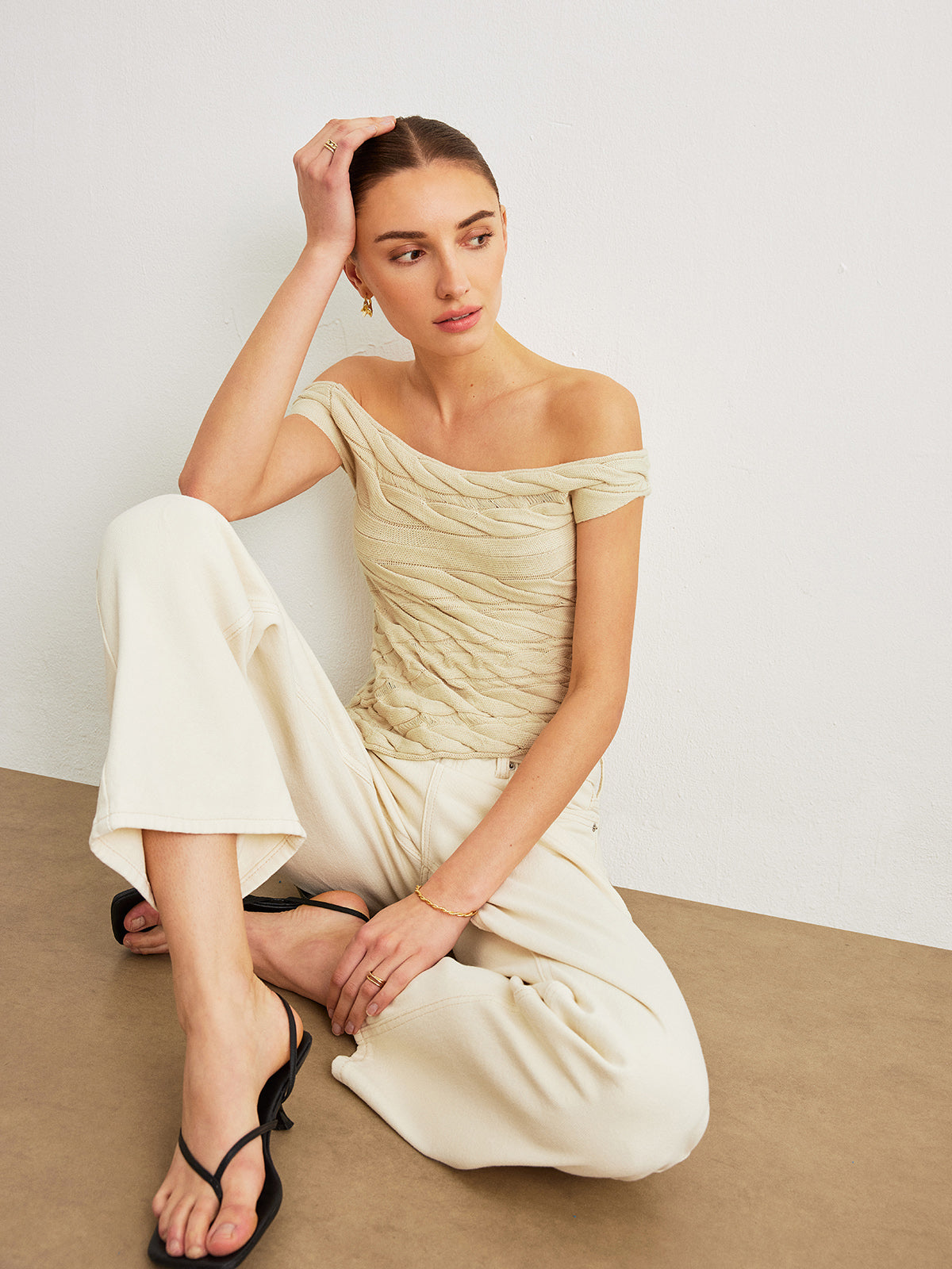 Off-Shoulder Cable Knit Top-Chicvia