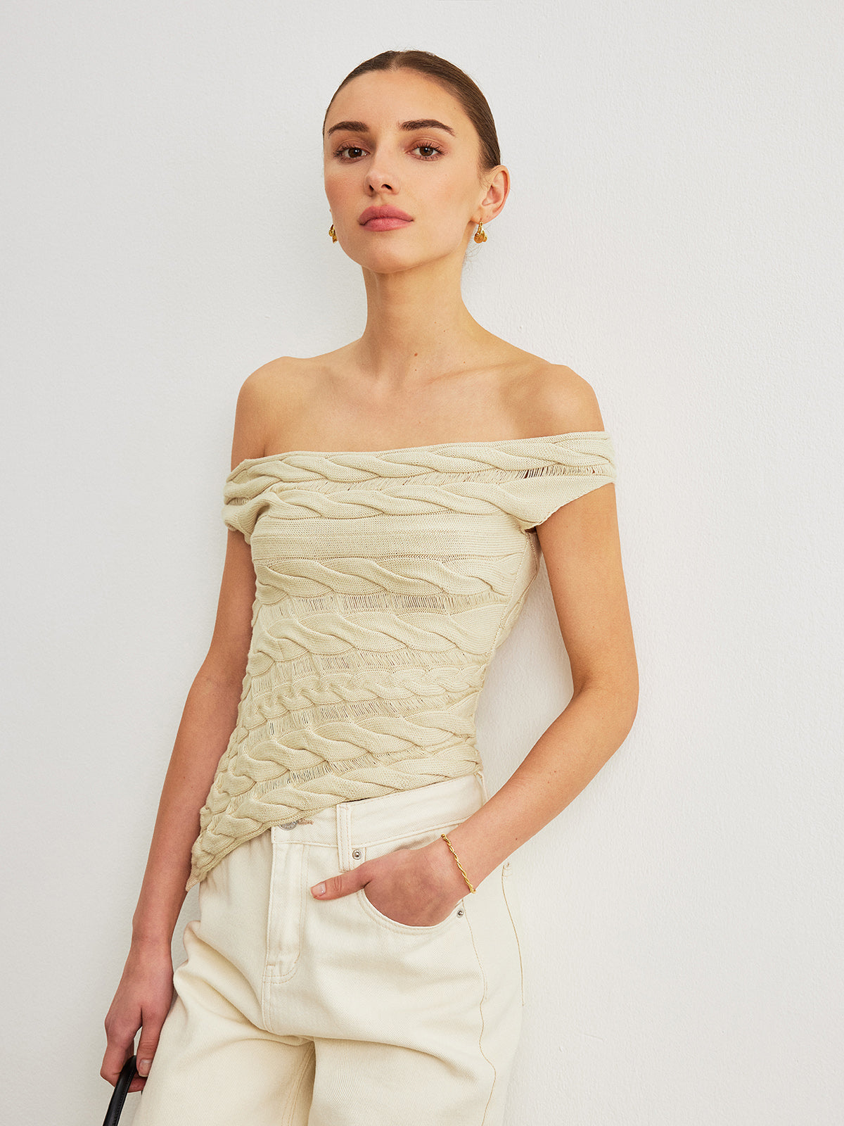 Off-Shoulder Cable Knit Top-Chicvia