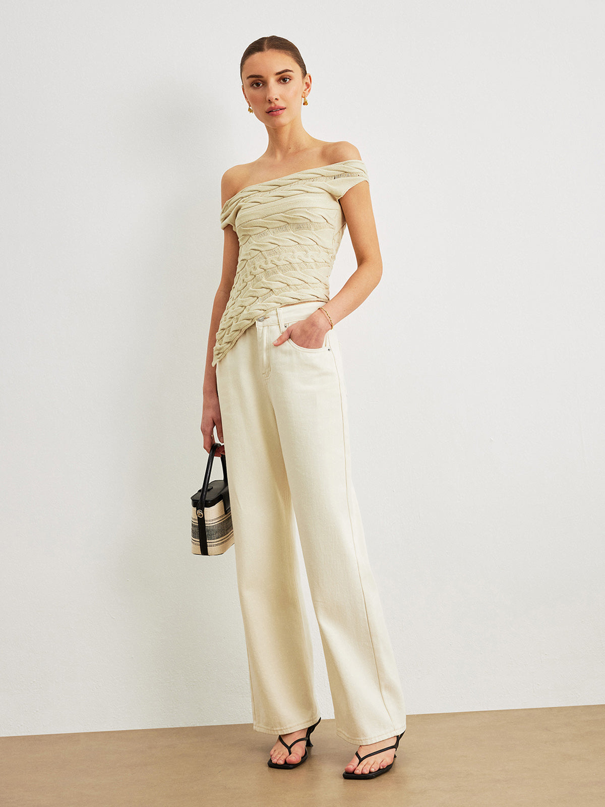 Off-Shoulder Cable Knit Top-Chicvia