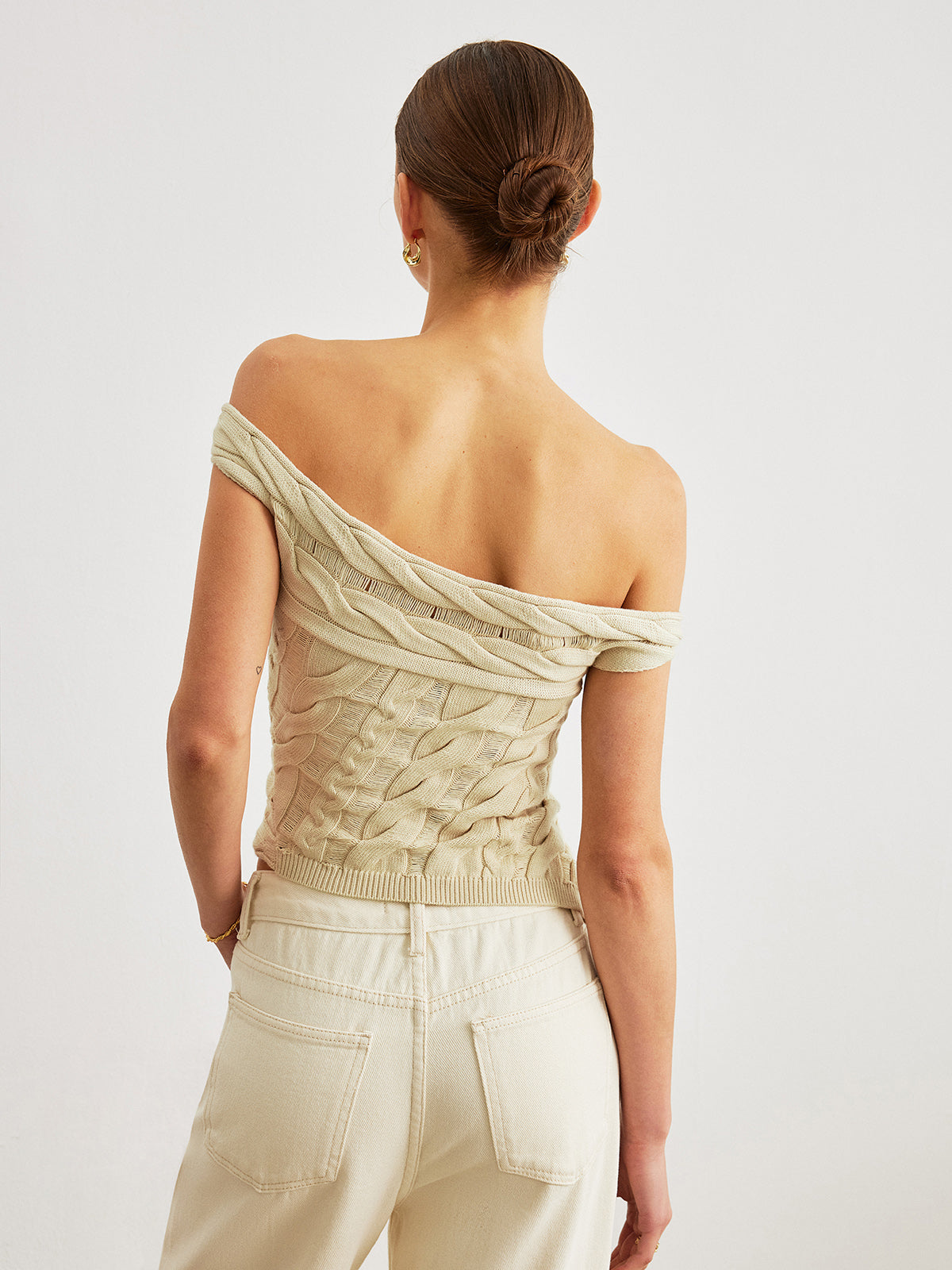 Off-Shoulder Cable Knit Top-Chicvia