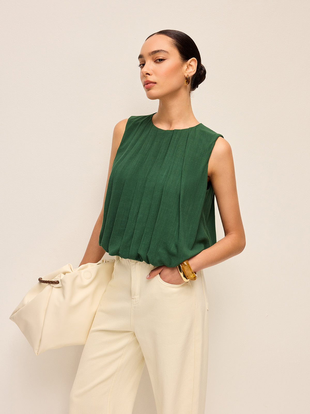 Pleated Cotton & Linen Sleeveless Top-Chicvia